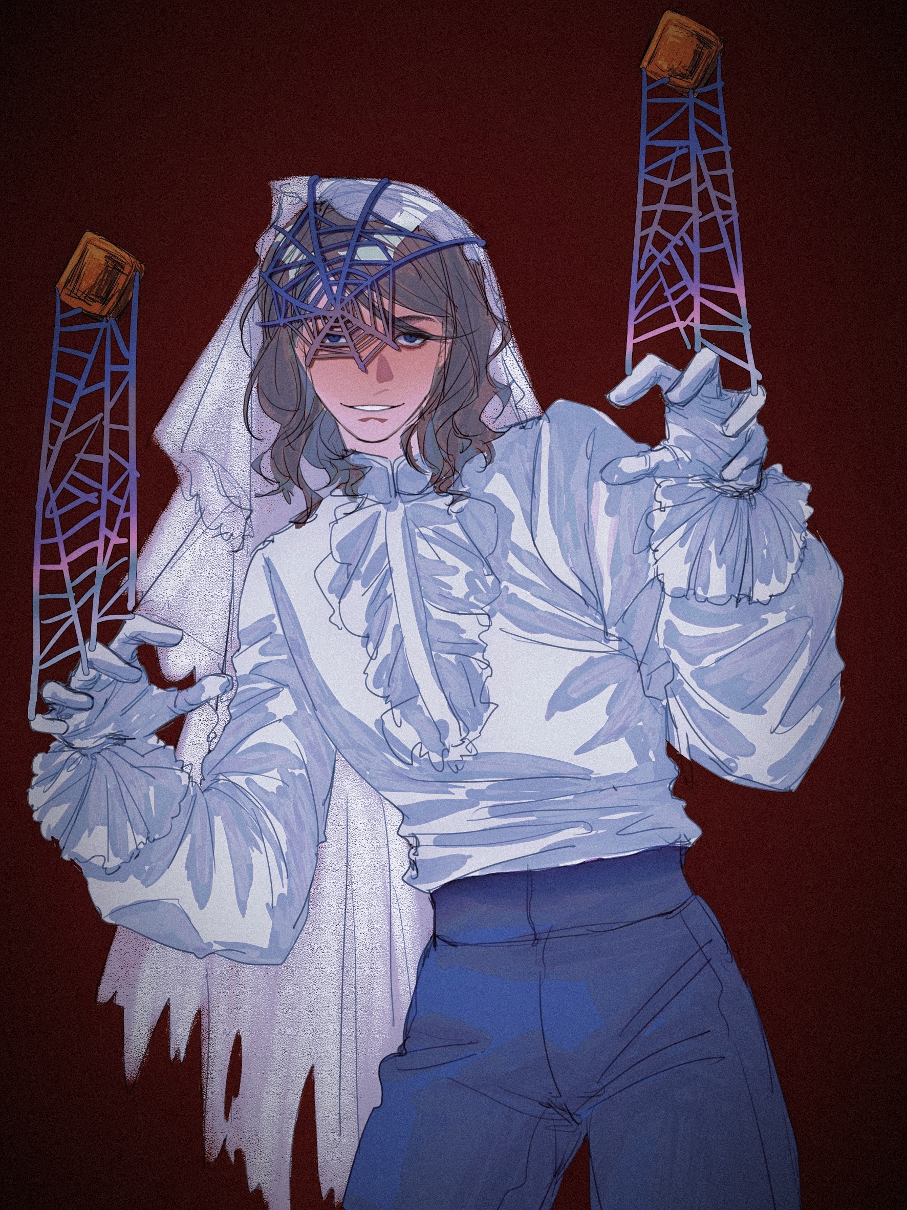 august2486, france (hetalia), axis powers hetalia, highres, 1boy, blonde hair, blue eyes, cowboy shot, ghost pose, gloves, hair ornament, long sleeves, looking at viewer, male focus, medium hair, open mouth, red background, shirt, smile, solo, veil, white shirt, white veil