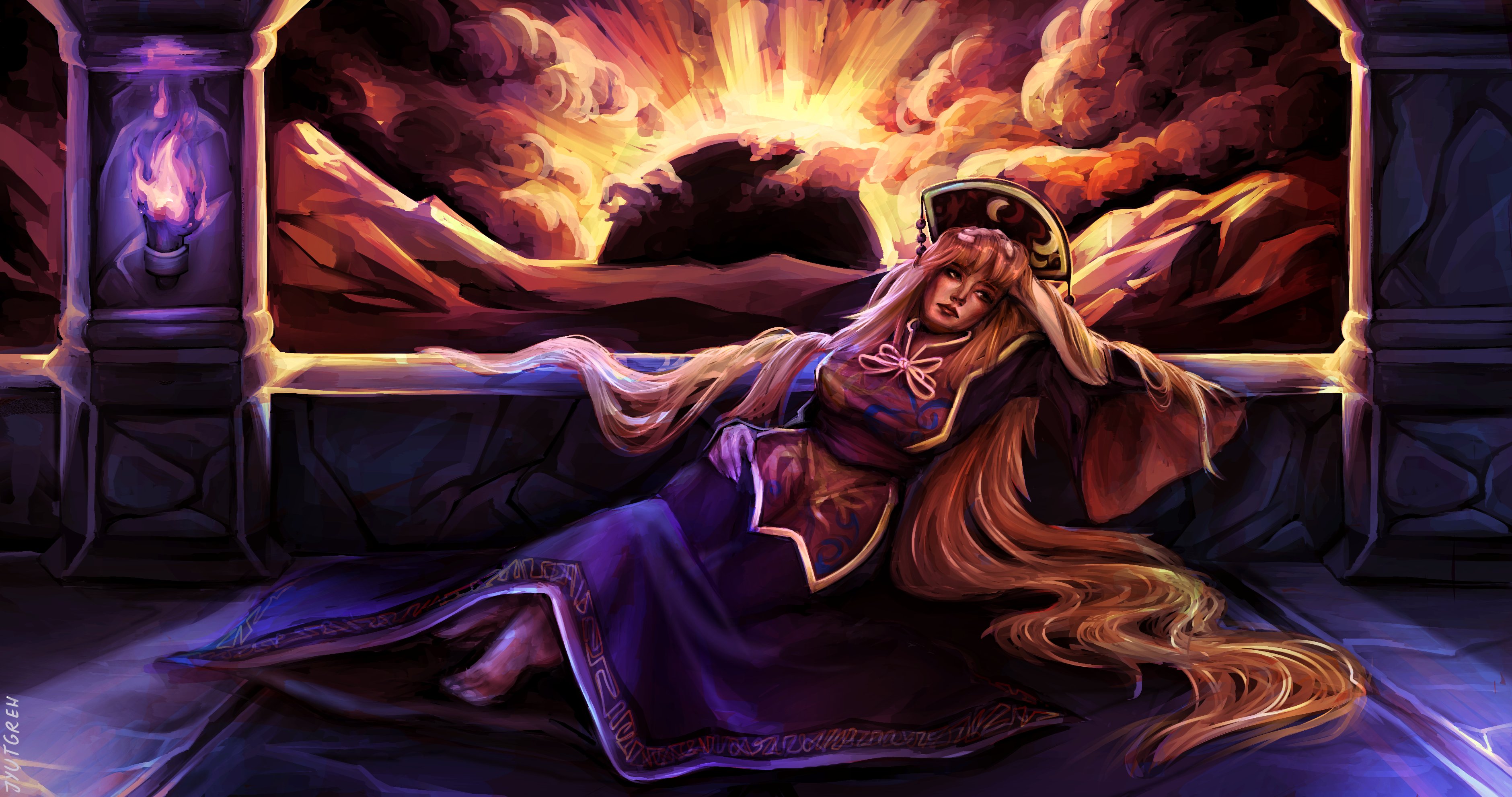 junko (touhou), touhou, absurdres, highres, 1girl, barefoot, blonde hair, chinese clothes, crescent, dalachi (headdress), full body, jyutgreh, looking to the side, lying, morning, on back, red eyes, solo, sunset, tabard, torch