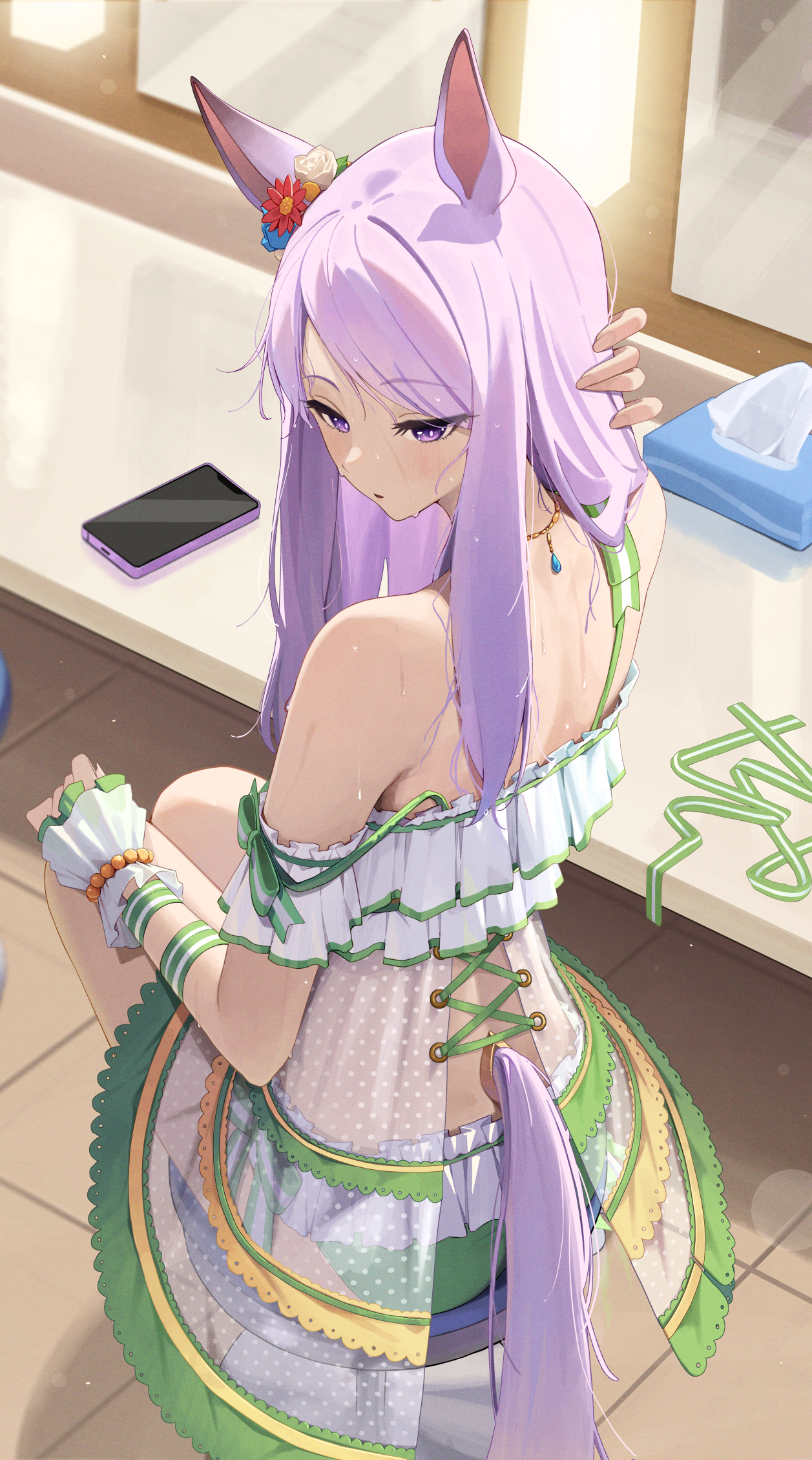 ningen gokko, mejiro mcqueen (ripple fairlady) (umamusume), mejiro mcqueen (umamusume), umamusume, commentary request, highres, 1girl, animal ears, back, bare shoulders, blush, casual one-piece swimsuit, chair, double strap slip, dress, dress swimsuit, ear flower, frilled dress, frills, horse ears, horse girl, horse tail, long hair, official alternate costume, on chair, one-piece swimsuit, open mouth, phone, purple eyes, purple hair, purple tail, sitting, solo, swept bangs, swimsuit, tail, thighs, wet, wrist wrap