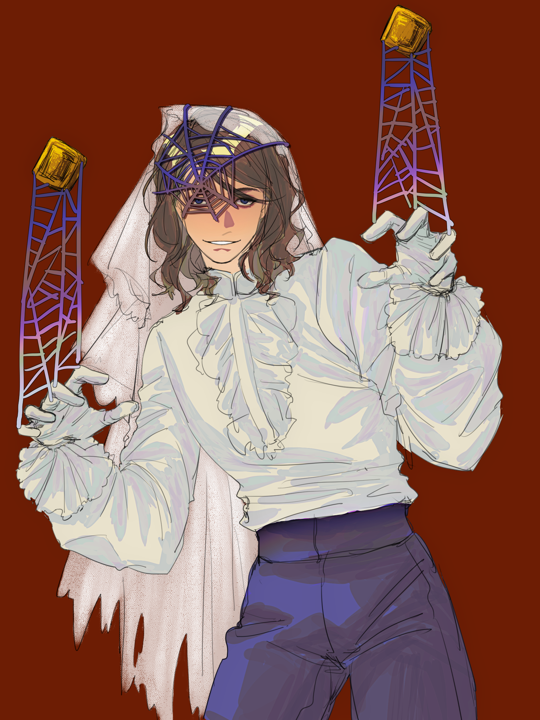 august2486, france (hetalia), axis powers hetalia, highres, 1boy, blonde hair, blue eyes, cowboy shot, ghost pose, gloves, hair ornament, long sleeves, looking at viewer, male focus, medium hair, open mouth, red background, shirt, smile, solo, veil, white shirt, white veil