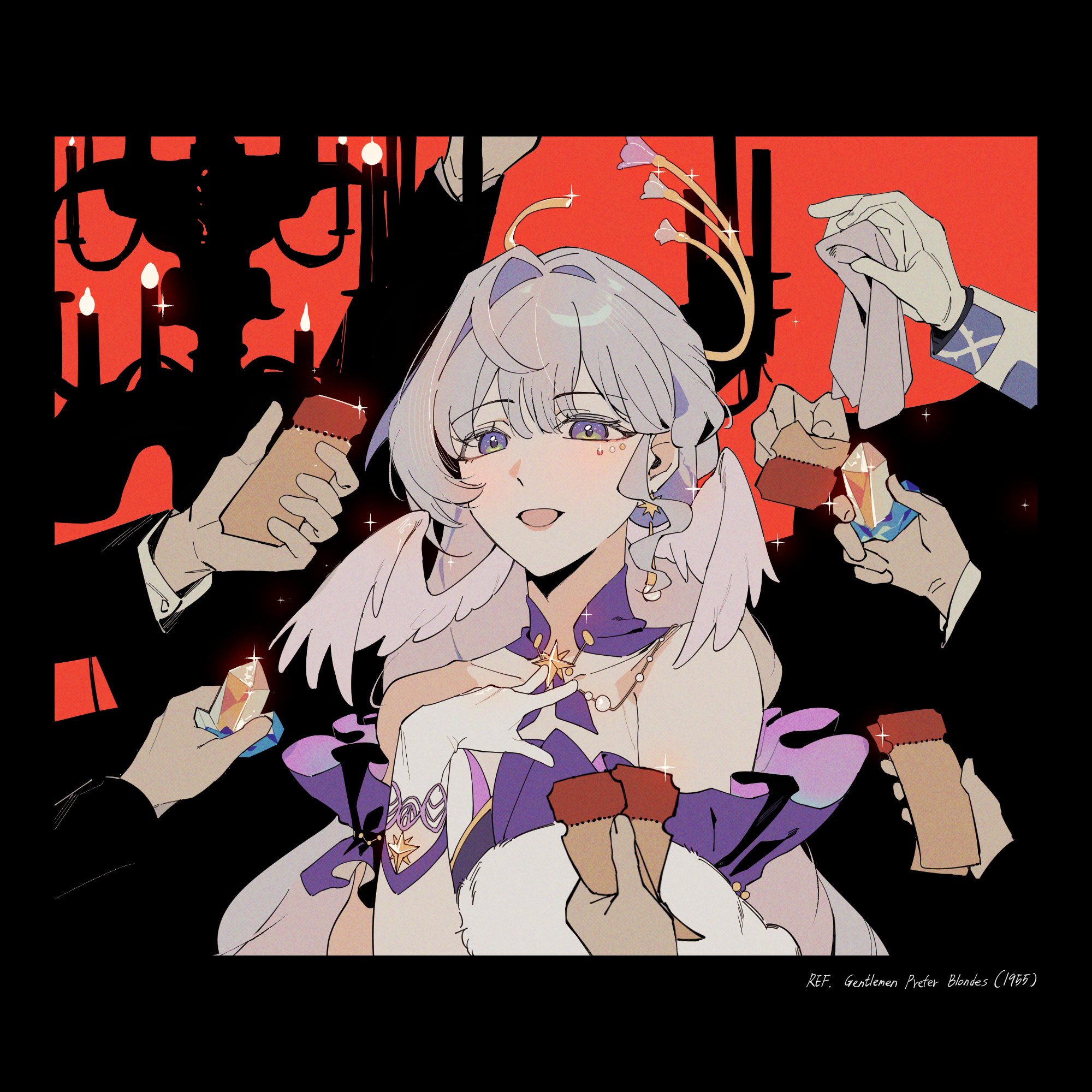d0600059994959, robin (honkai: star rail), sunday (honkai: star rail), sunday (sacerdos' relived ordeal) (honkai: star rail), honkai: star rail, honkai (series), commentary request, highres, korean commentary, 1boy, 1girl, 6+others, bare shoulders, black border, black jacket, blue eyes, blush, border, breasts, brother and sister, chandelier, choker, detached sleeves, dress, earrings, feathered wings, fingernails, gloves, grey hair, hair between eyes, halo, hand on own chest, handkerchief, hands up, head wings, holding, holding handkerchief, holding ticket, holding wallet, jacket, jewel under eye, jewelry, long hair, long sleeves, looking at viewer, medium breasts, multiple others, open mouth, pearl earrings, purple choker, purple dress, purple sleeves, red background, short sleeves, siblings, simple background, single earring, sleeveless, sleeveless dress, smile, solo focus, star ornament, star rail special pass (honkai: star rail), stellar jade, strapless, strapless dress, ticket, two-tone dress, upper body, wallet, white dress, white gloves, white jacket, wings