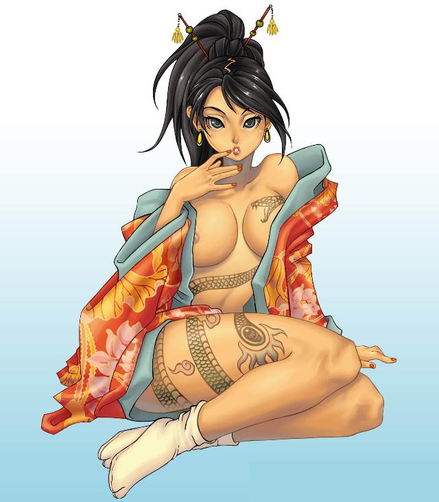 breasts, long hair, nude, open clothes, open shirt, shirt, tattoo