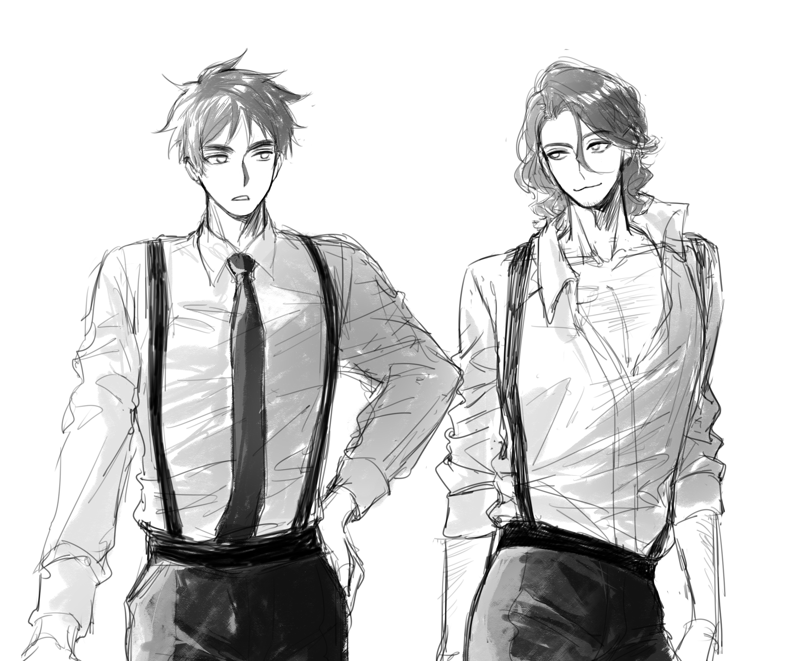 august2486, france (hetalia), united kingdom (hetalia), axis powers hetalia, highres, 2boys, collared shirt, cowboy shot, facial hair, goatee stubble, greyscale, looking at another, male focus, medium hair, monochrome, multiple boys, necktie, open mouth, shirt, short hair, simple background, smile, sparse chest hair, stubble, suspenders, thick eyebrows, white background