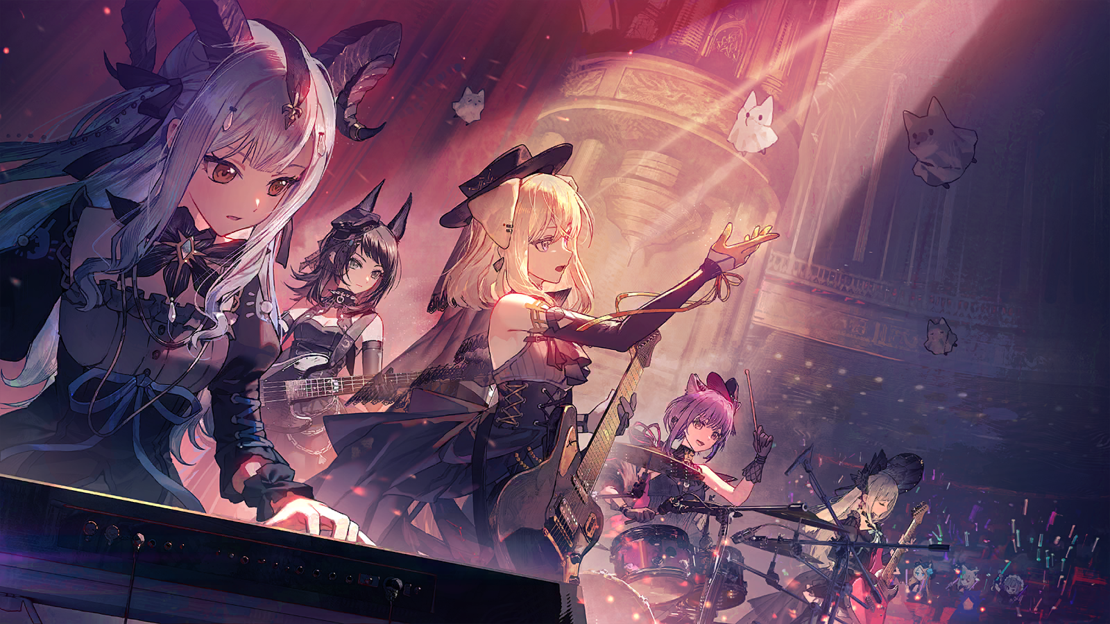 bena (arknights), iris (arknights), misumi uika, togawa sakiko, wakaba mutsumi, yahata umiri, yuutenji nyamu, arknights, ave mujica (bang dream!), bang dream!, bang dream! it's mygo!!!!!, game cg, highres, official art, third-party source, 5-string bass guitar, 6+girls, 7-string guitar, animal ear piercing, animal ears, asymmetrical gloves, audience, bass guitar, black bonnet, black corset, black dress, black gloves, black hair, black hat, black ribbon, black wrist cuffs, blonde hair, blue eyes, blue hair, bonnet, breasts, cable, cat ears, cat girl, cleavage, closed eyes, corset, detached sleeves, dog ears, dog girl, dress, drum, drum set, drumsticks, extended range bass guitar, extended range guitar, gloves, glowstick, gold gloves, green hair, guitar, hair ribbon, hat, holding, holding drumsticks, horns, instrument, juliet sleeves, keyboard (instrument), long hair, long sleeves, medium hair, microphone stand, mismatched gloves, misumi uika (caged singer), morpheus (arknights), multiple girls, music, open mouth, penlight (glowstick), pink eyes, playing drum, playing instrument, puffy sleeves, purple eyes, purple hair, rabbit ears, rabbit girl, ribbon, semi-rimless eyewear, short hair, sidelocks, sleeveless, sleeveless dress, togawa sakiko (master of melodia), wakaba mutsumi (marionette's id), wolf ears, wolf girl, wrist cuffs, yahata umiri (moonlight executioner), yellow eyes, yuutenji nyamu (magician of passion)