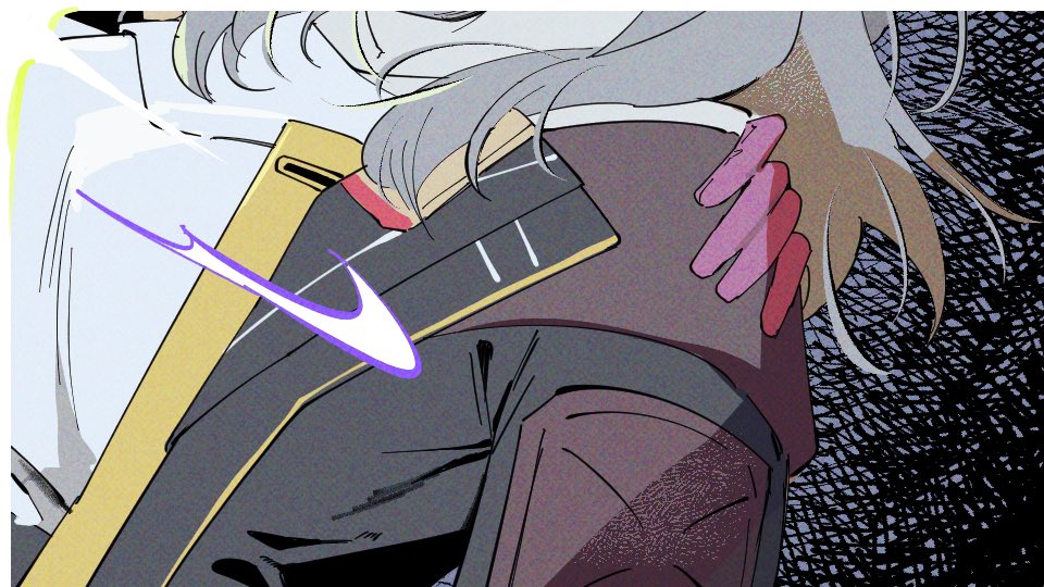 d0600059994959, kafka (honkai: star rail), stelle (honkai: star rail), trailblazer (honkai: star rail), honkai: star rail, honkai (series), 2girls, black jacket, border, breasts, gloves, grey hair, hand on another's shoulder, jacket, lapels, long hair, long sleeves, medium breasts, multiple girls, open clothes, open jacket, purple gloves, shirt, t-shirt, white border, white shirt