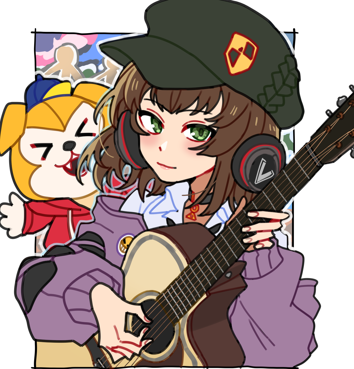 maitakepasuta, sakai ayaka, persona, persona 5, persona 5: the phantom x, commentary, highres, > <, 1girl, border, brown hair, choker, closed mouth, collared shirt, green eyes, green hat, guitar, hat, headphones, instrument, jacket, long sleeves, looking at viewer, mascot costume, music, newsboy cap, off shoulder, outside border, playing guitar, playing instrument, purple jacket, shichi-kun, shirt, short hair, smile, upper body, white border, white shirt, wing collar