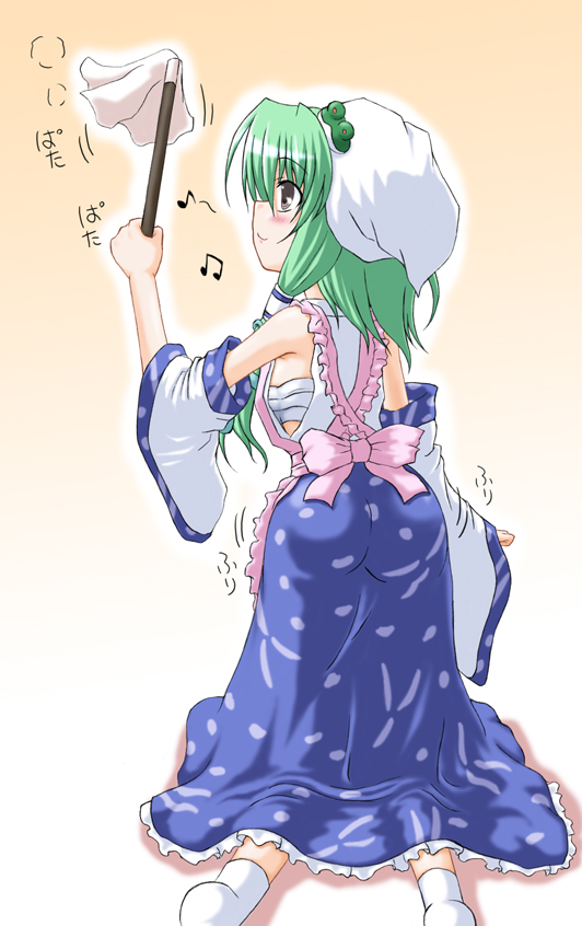 inasaki shirau, kochiya sanae, touhou, 1girl, apron, ass, beamed quavers, blush, cleaning, female focus, from behind, gradient background, headscarf, long hair, musical note, quaver, sarashi, solo, white headscarf