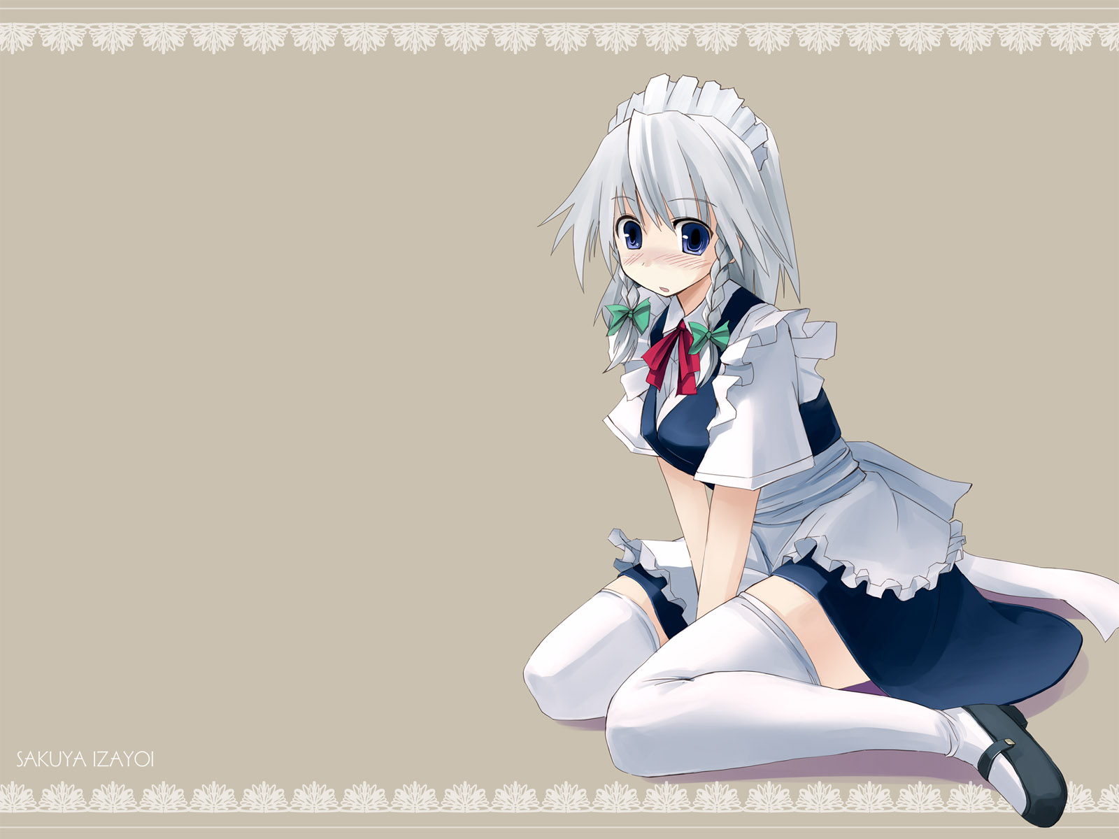 seo tatsuya, izayoi sakuya, touhou, silver hair, highres, 1girl, blush, braid, female focus, long hair, maid, short hair, solo, thighhighs, twin braids, zettai ryouiki