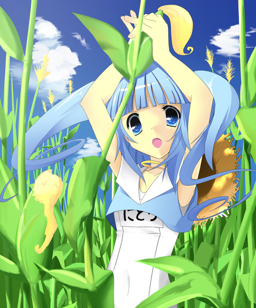 itose ikuto, kawashiro nitori, touhou, 1girl, blue eyes, blue hair, corn, crop top, day, female focus, hat, long hair, matching hair/eyes, no pants, one-piece swimsuit, outdoors, school swimsuit, sky, solo, straw hat, swimsuit, swimsuit under clothes, twintails, two side up, white one-piece swimsuit, white school swimsuit