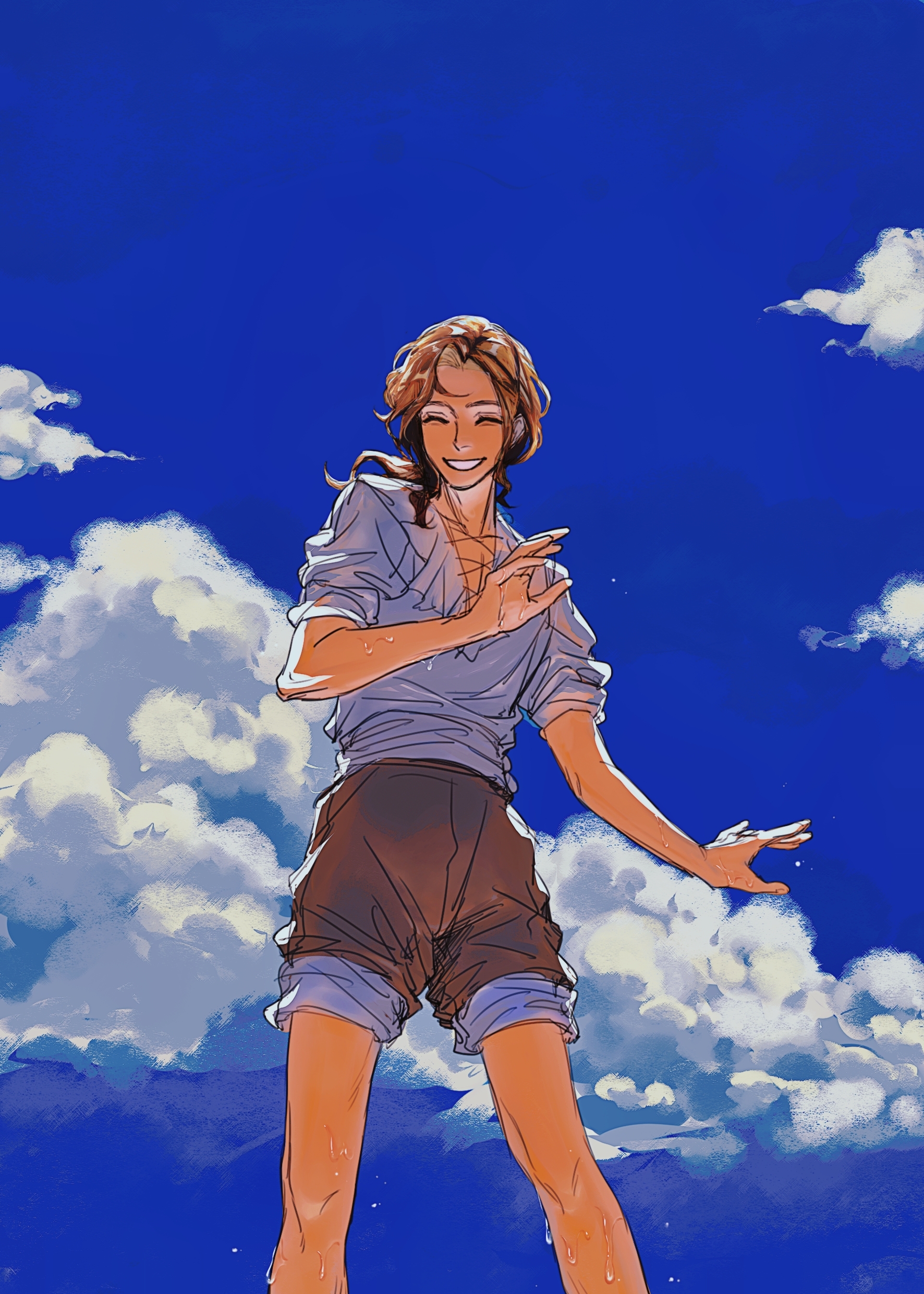 august2486, france (hetalia), axis powers hetalia, absurdres, highres, 1boy, blonde hair, blue sky, closed eyes, cloud, day, feet out of frame, male focus, medium hair, outdoors, pants, pants rolled up, shirt, sky, smile, solo, water drop, wet, white shirt
