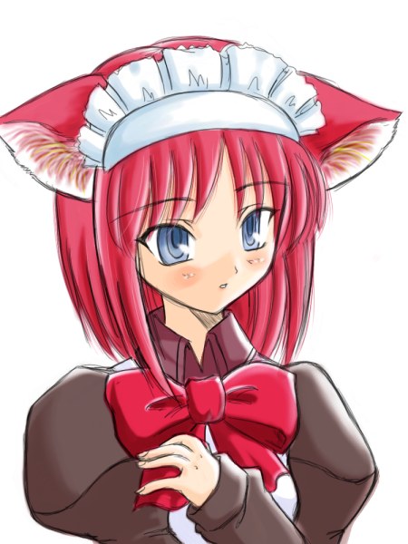 hisui (tsukihime), tsukihime, type-moon, 00s, animal ears, apron, blue eyes, blush, bow, cat ears, dress, maid, maid apron, pink hair, short hair