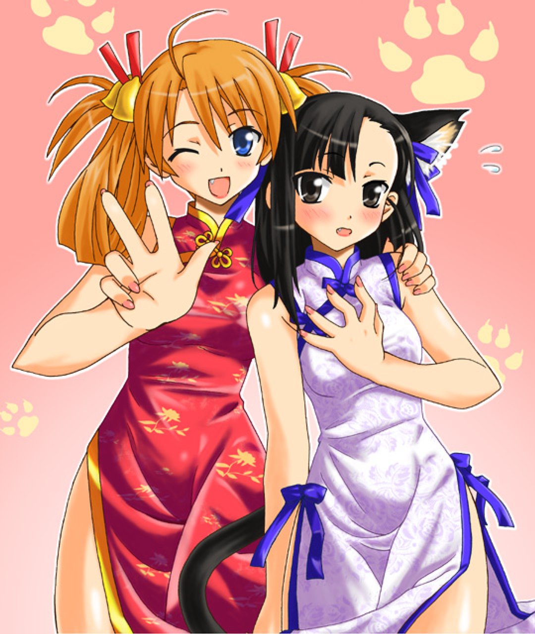 kagurazaka asuna, sakurazaki setsuna, mahou sensei negima!, highres, 00s, ahoge, animal ears, bell, black hair, blue eyes, bow, brown eyes, cat ears, china dress, chinese clothes, dress, long hair, panties, red hair, side-tie panties, twintails, underwear