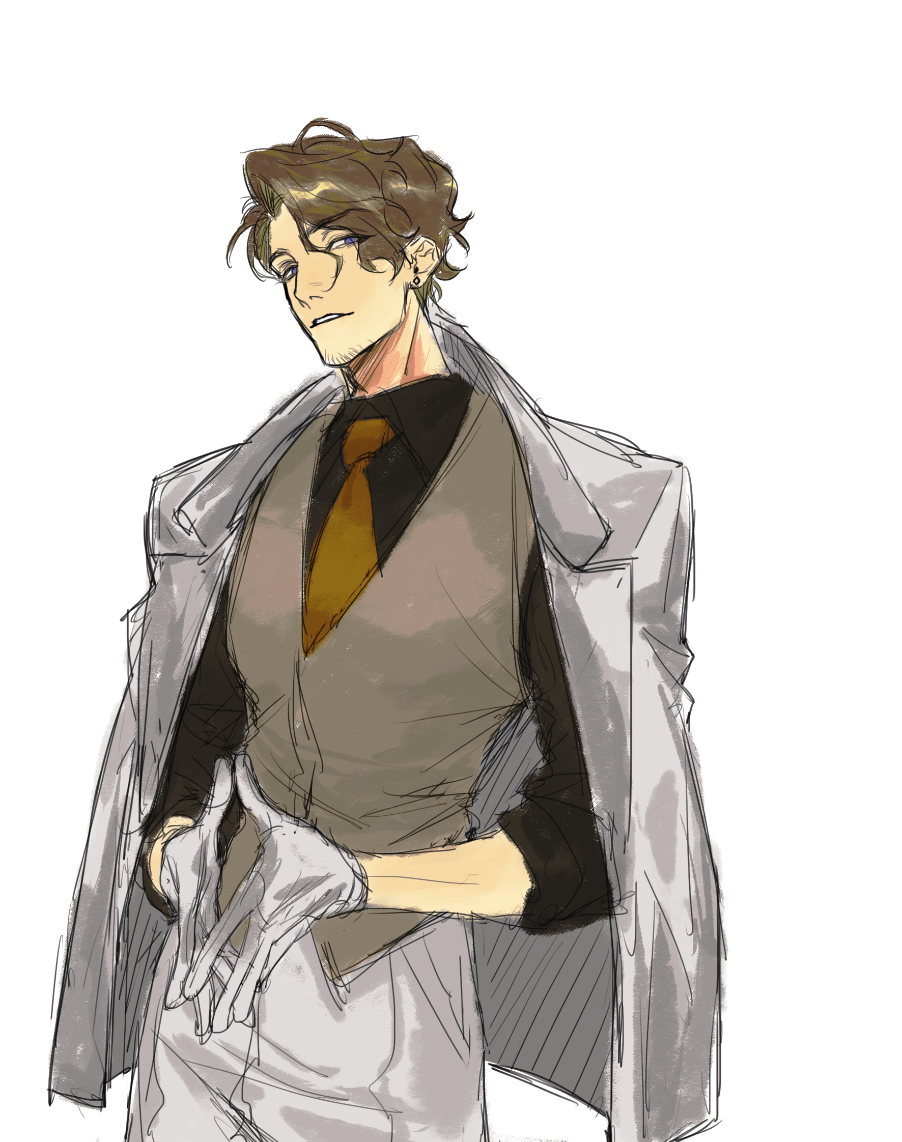 august2486, france (hetalia), axis powers hetalia, highres, 1boy, blonde hair, blue eyes, collared shirt, earrings, facial hair, gloves, goatee stubble, jacket, jacket on shoulders, jewelry, looking at viewer, male focus, necktie, purple eyes, shirt, short hair, simple background, solo, stubble, upper body, vest, white background