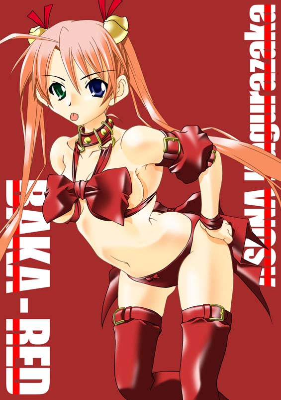 k.m.station, kagurazaka asuna, mahora baka rangers, mahou sensei negima!, 00s, 1girl, :p, ahoge, armband, bell, belt, bent over, blue eyes, boots, bow, bow panties, breasts, collar, cuffs, female focus, green eyes, hair bell, hair ornament, hand on own hip, heterochromia, hip focus, large bow, long hair, navel, neck bell, odd eyes, orange hair, panties, red hair, red panties, red theme, sideboob, solo, standing, thigh boots, thighhighs, tokusatsu, tongue, tongue out, twintails, underwear, wristband
