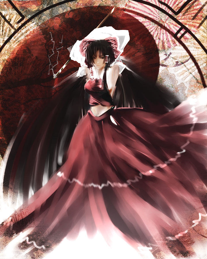 hakurei reimu, touhou, 1girl, black hair, breasts, female focus, game, japanese clothes, long hair, miko, skirt, solo
