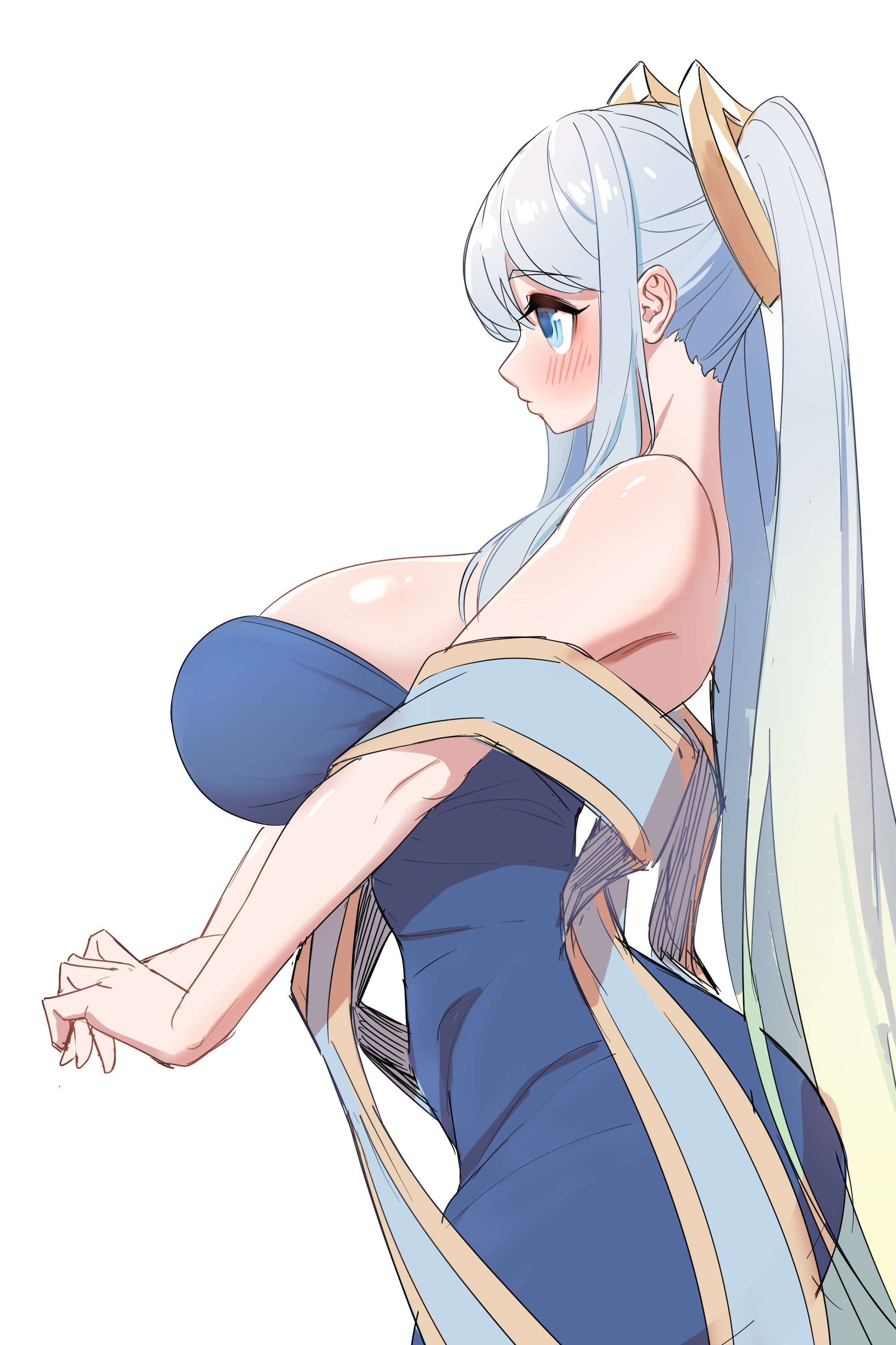 yabby, sona (league of legends), league of legends, 1girl, bare shoulders, blue dress, blue eyes, blue hair, blush, breasts, closed mouth, cowboy shot, curvy, dress, from side, gradient hair, green hair, hair ornament, huge breasts, long hair, long sidelocks, looking ahead, multicolored hair, own hands together, sidelocks, simple background, solo, straight hair, strapless, strapless dress, tight clothes, tight dress, twintails, very long hair, white background