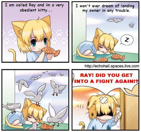 ray, trickster (ntreev soft), lowres, 10s, animal ears, blonde hair, blue eyes, cat ears, chibi, dress, food, short hair, sleeping