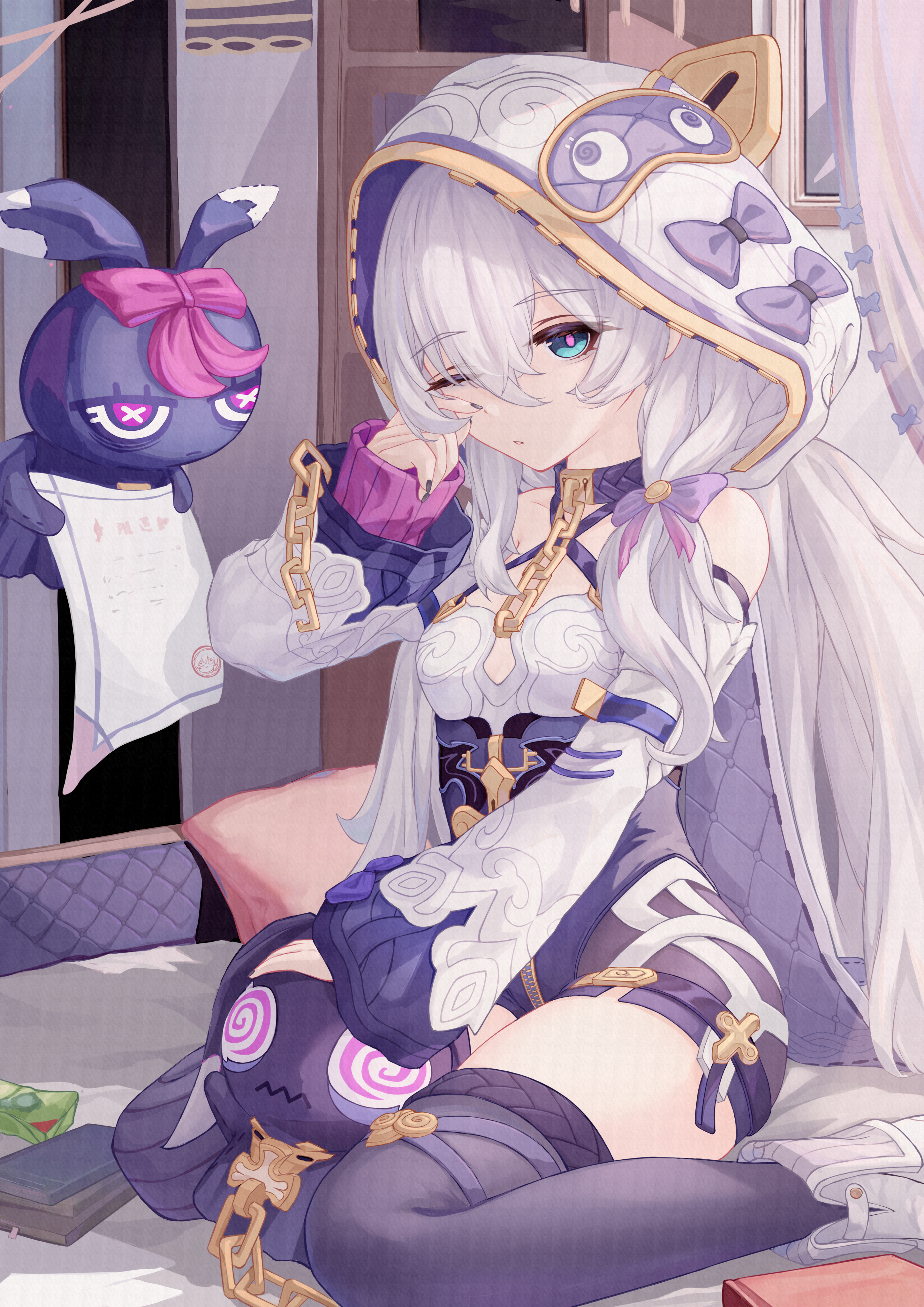 blackheart`, theresa apocalypse, theresa apocalypse (schicksal's imperative), honkai (series), honkai impact 3rd, absurdres, chinese commentary, commentary request, highres, 1girl, blue eyes, bodysuit, breasts, detached sleeves, full-length zipper, indoors, long hair, meme, purple bodysuit, purple thighhighs, rubbing eyes, shoes, sitting, small breasts, solo, teri derp (meme), thighhighs, thighs, very long hair, wariza, white hair, white hood, white shoes, zipper