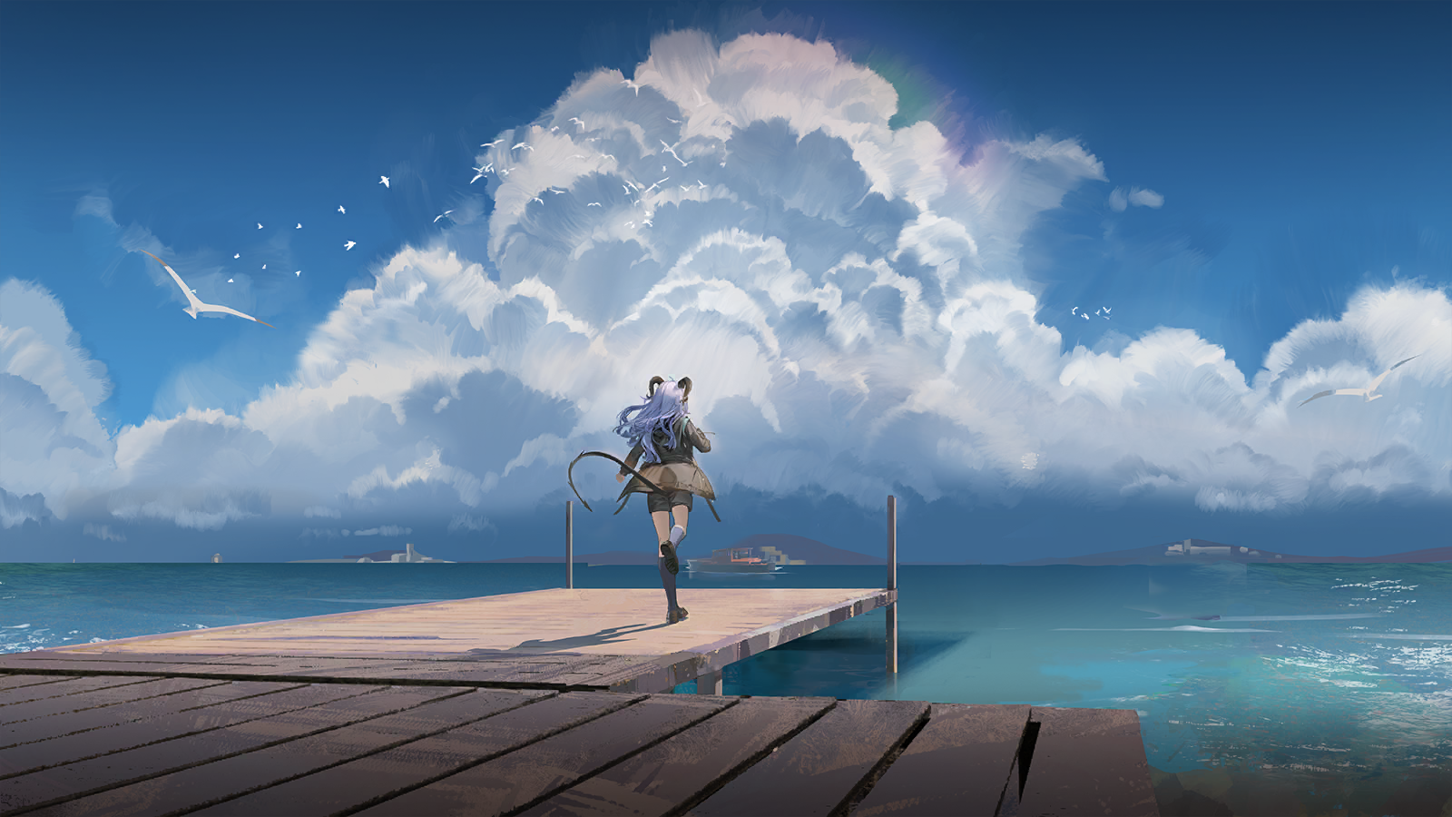 togawa sakiko, arknights, bang dream!, bang dream! it's mygo!!!!!, game cg, highres, official art, third-party source, 1girl, bird, black jacket, black shorts, black socks, blue hair, boat, brown shoes, cloud, day, horns, jacket, long hair, long sleeves, outdoors, over-kneehighs, pier, shoes, shorts, socks, solo, standing, tail, thighhighs, togawa sakiko (master of melodia), two side up, water, watercraft