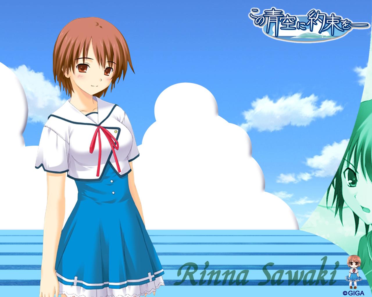 sawaki rinna, kono aozora ni yakusoku wo, artist request, tagme, 1girl, brown hair, cloud, female focus, red eyes, school uniform, serafuku, short hair, sky, solo