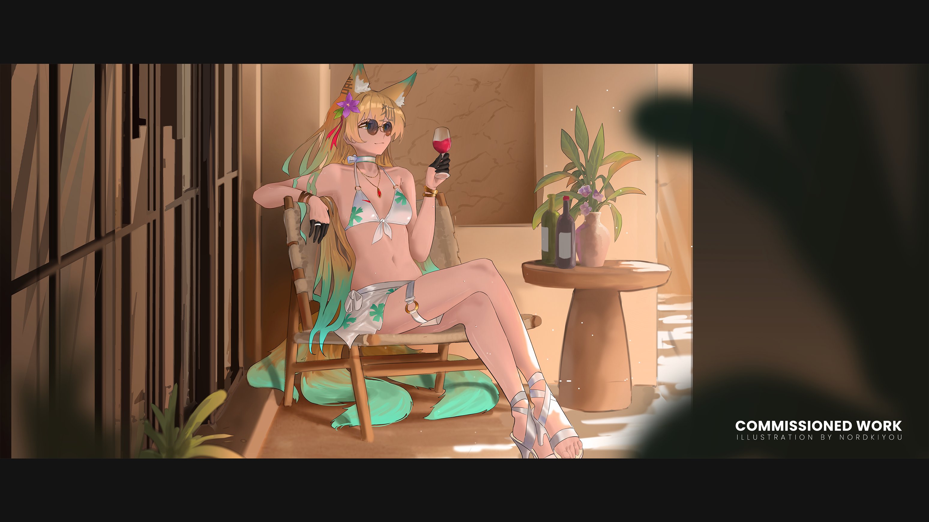 northkiyou, original, commission, highres, 1girl, alcohol, animal ear fluff, animal ears, aqua eyes, aqua hair, bikini, bikini skirt, blonde hair, borrowed character, bottle, bracelet, breasts, chair, choker, cup, drinking glass, finger cots, floral print, flower, fox ears, fox girl, front-tie bikini top, front-tie top, full body, gradient hair, hair flower, hair ornament, high heel sandals, holding, holding cup, jewelry, long hair, multicolored hair, navel, o-ring, o-ring thigh strap, o-ring top, on chair, pendant, purple flower, red wine, rica (nariwan), ring, sandals, sitting, small breasts, solo, sunglasses, swimsuit, thigh strap, very long hair, watermark, white bikini, white choker, white sandals, wine, wine bottle, wine glass
