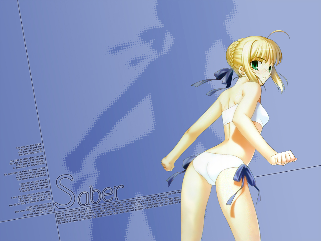 takeuchi takashi, artoria pendragon (fate), saber (fate), fate/stay night, fate (series), type-moon, non-web source, 00s, ass, bikini, blonde hair, green eyes, looking back, official alternate costume, ribbon, solo, swimsuit