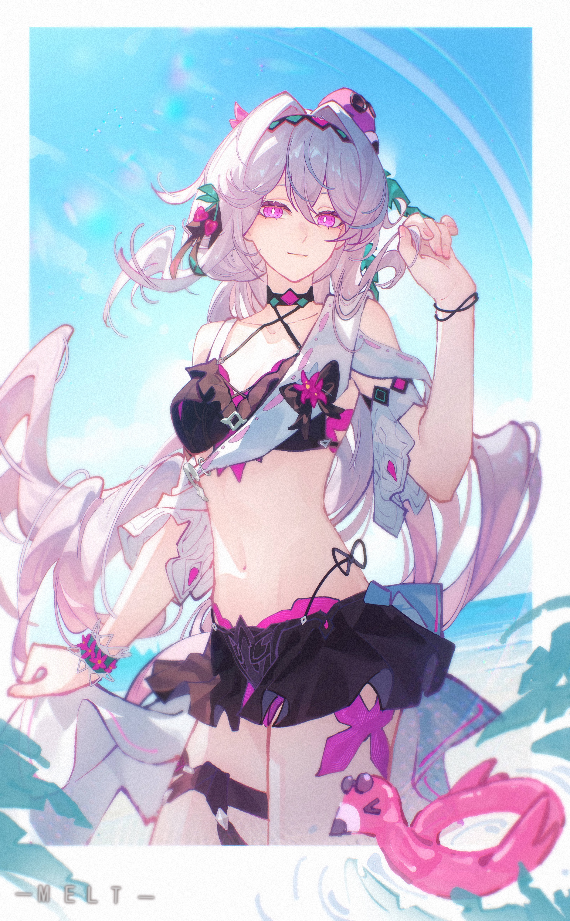 meirong, thelema nutriscu, honkai (series), honkai impact 3rd, absurdres, highres, 1girl, bikini, bikini skirt, black bikini, blue sky, border, breasts, hair intakes, long hair, looking at viewer, medium breasts, multicolored hair, navel, outdoors, purple eyes, purple hair, sky, solo, stomach, swimsuit, thelema nutriscu (roseate summer), thighs, two-tone hair, very long hair, white border, white hair