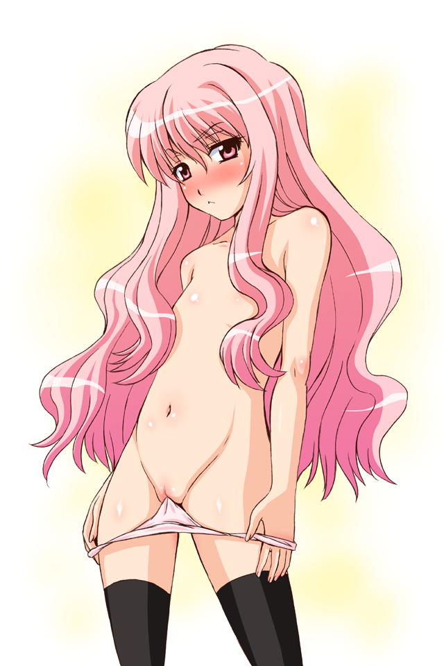 akiyama kenta, louise francoise le blanc de la valliere, zero no tsukaima, 00s, 1girl, :<, black thighhighs, blush, censored, convenient censoring, female focus, flat chest, hair censor, hair over breasts, loli, long hair, navel, panties, panty pull, pink eyes, pink hair, pink panties, pussy, solo, standing, thighhighs, topless female, uncensored, underwear, undressing, very long hair