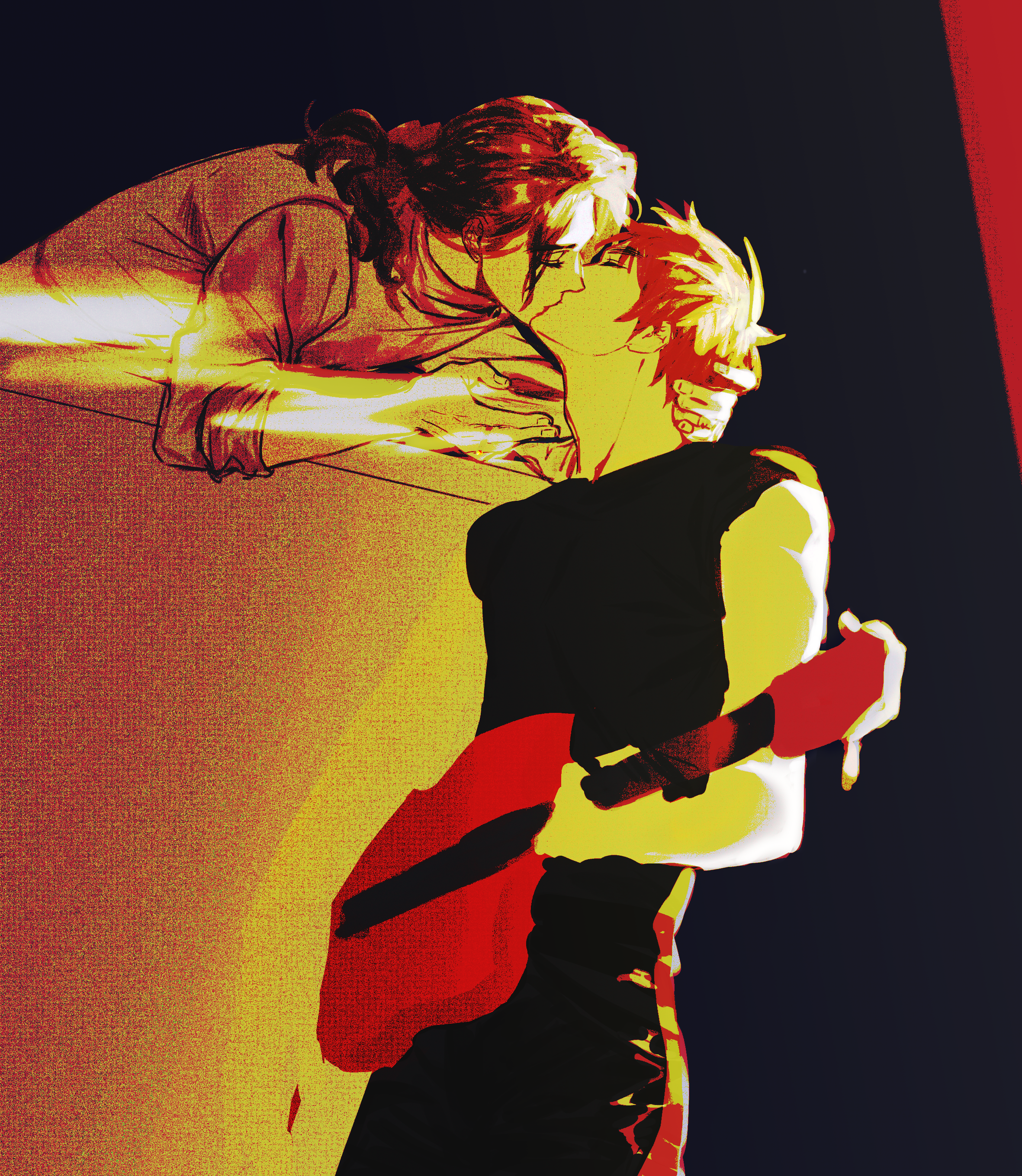 august2486, france (hetalia), united kingdom (hetalia), axis powers hetalia, absurdres, highres, 2boys, closed eyes, guitar, instrument, kiss, male focus, medium hair, multiple boys, ponytail, sepia, shirt, short hair, tank top, thick eyebrows, yaoi