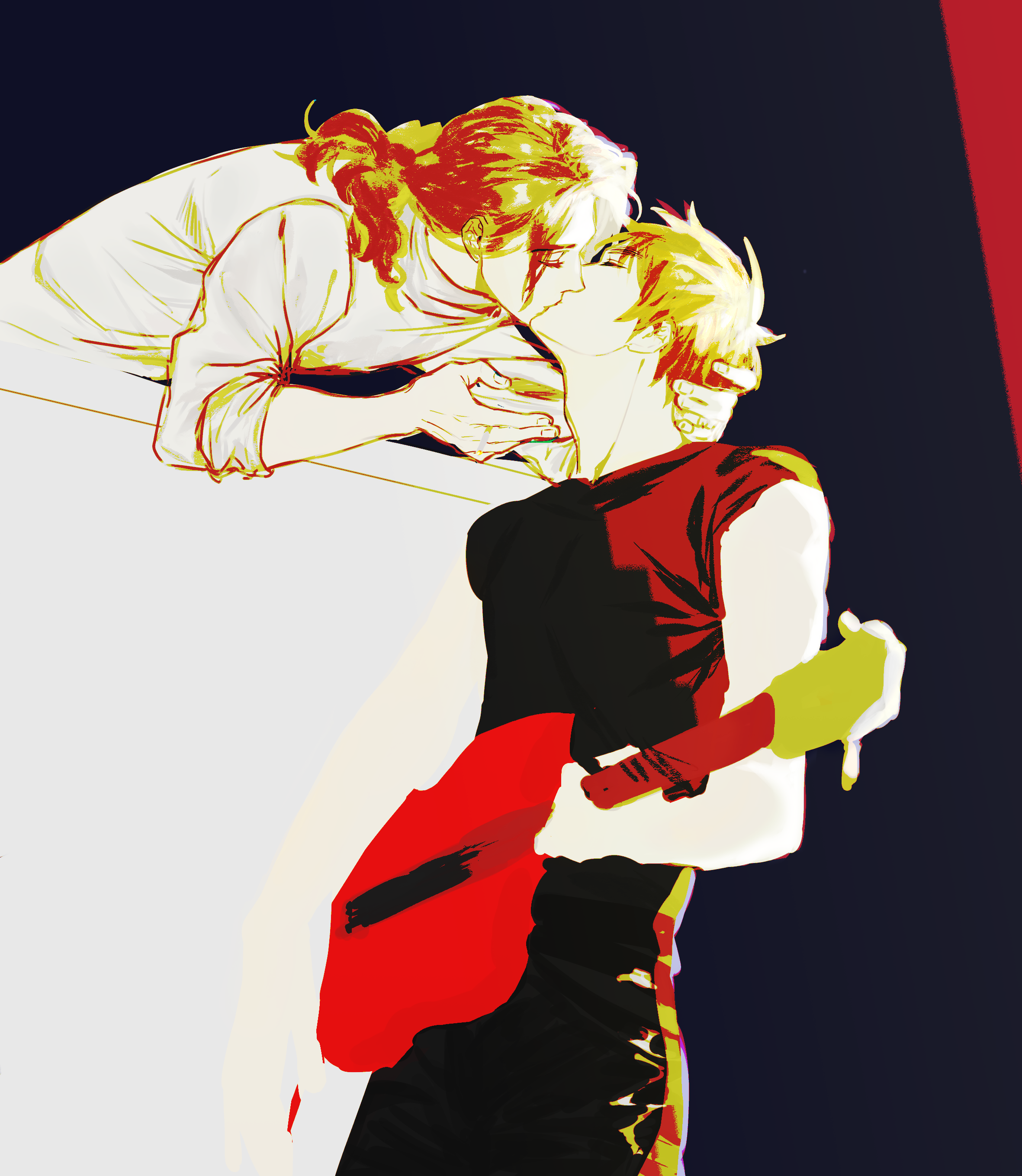 august2486, france (hetalia), united kingdom (hetalia), axis powers hetalia, absurdres, highres, 2boys, closed eyes, guitar, instrument, kiss, male focus, medium hair, multiple boys, ponytail, sepia, shirt, short hair, tank top, thick eyebrows, yaoi