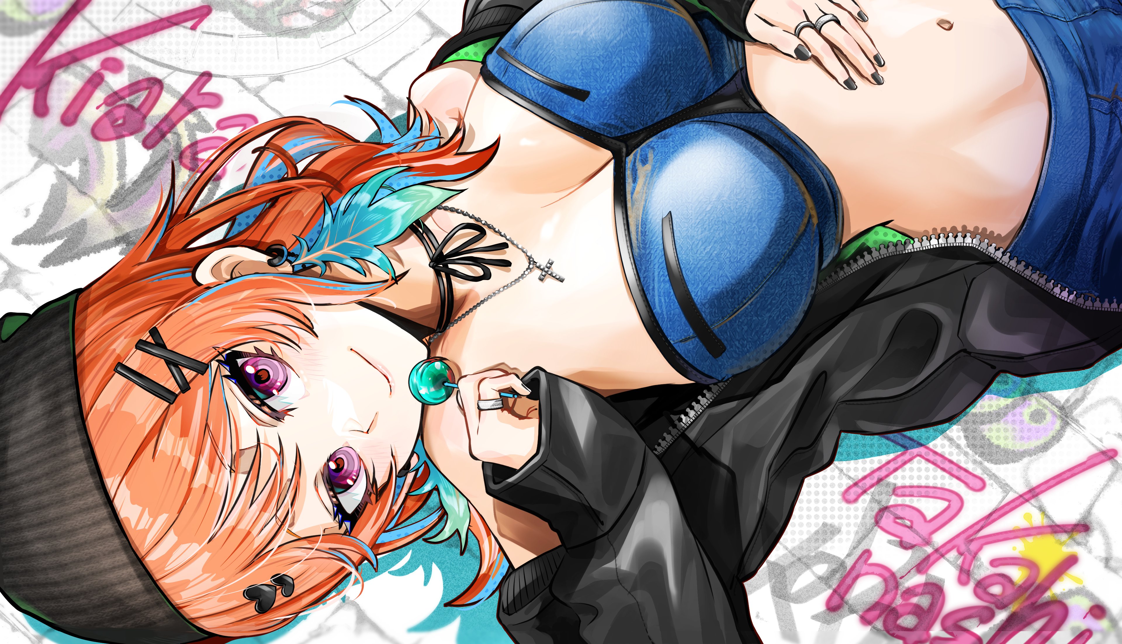 iris (tb33064667), takanashi kiara, hololive, hololive english, absurdres, commentary, highres, symbol-only commentary, 1girl, black jacket, black nails, breasts, candy, closed mouth, crop top, cross, cross necklace, denim, earrings, feather earrings, feathers, food, graffiti, holding, holding candy, holding food, holding lollipop, jacket, jewelry, lollipop, lying, medium breasts, multicolored hair, navel, necklace, on back, orange hair, purple eyes, ring, smile, solo, stomach, streaked hair, virtual youtuber