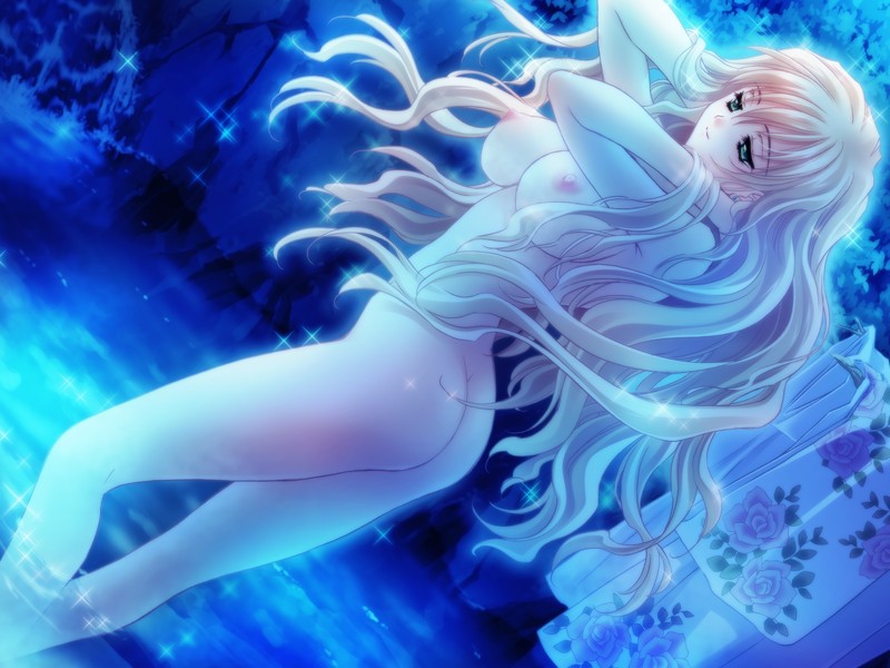 carnelian, futaba riko, touka gettan, game cg, 00s, 1girl, ass, bathing, blonde hair, breasts, female focus, green eyes, large breasts, long hair, night, nipples, nude, solo, sparkle, water