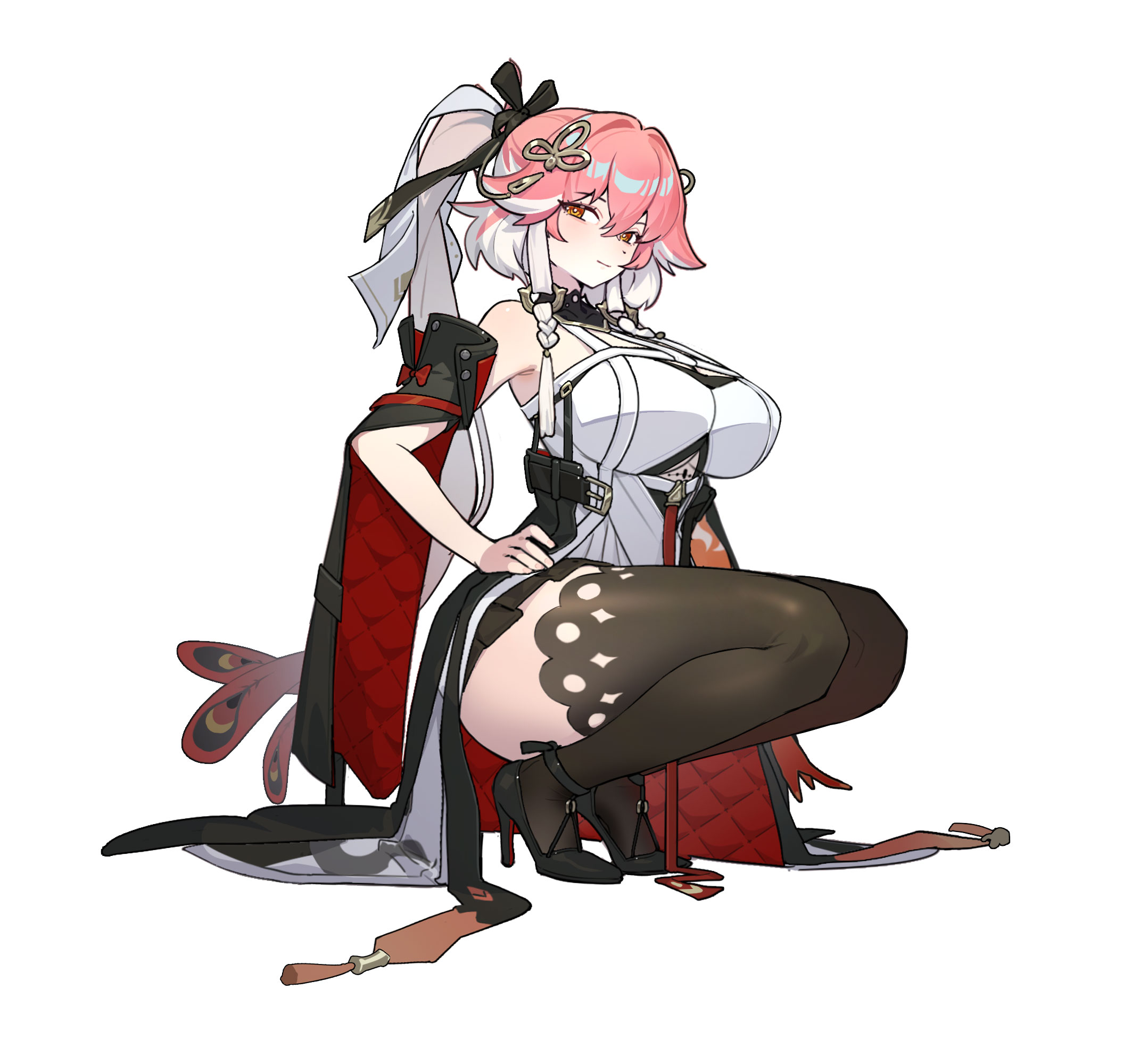 sesese, changli (wuthering waves), wuthering waves, commentary, highres, 1girl, bare shoulders, black collar, black jacket, black shoes, black thighhighs, braid, breasts, closed mouth, collar, detached sleeves, dress, feather hair, hair between eyes, hair extensions, hair ornament, high heels, jacket, large breasts, looking at viewer, multicolored hair, orange eyes, pink hair, ponytail, ring hair extensions, shoes, short sleeves, simple background, smile, solo, squatting, tacet mark (wuthering waves), thighhighs, thighs, two-tone hair, white background, white dress, white hair