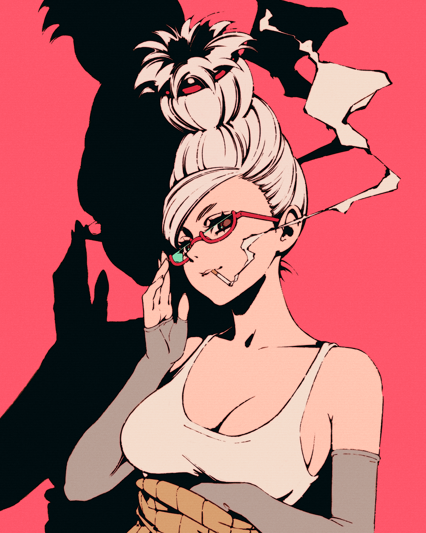 moshimoshibe, ayase seiko, dandadan, 1girl, beehive hairdo, breasts, brown eyes, cigarette, cleavage, glasses, grey arm warmers, large breasts, long hair, looking at viewer, mature female, red-framed eyewear, red background, semi-rimless eyewear, simple background, smoke, smoke trail, smoking, solo, tall hair, white hair