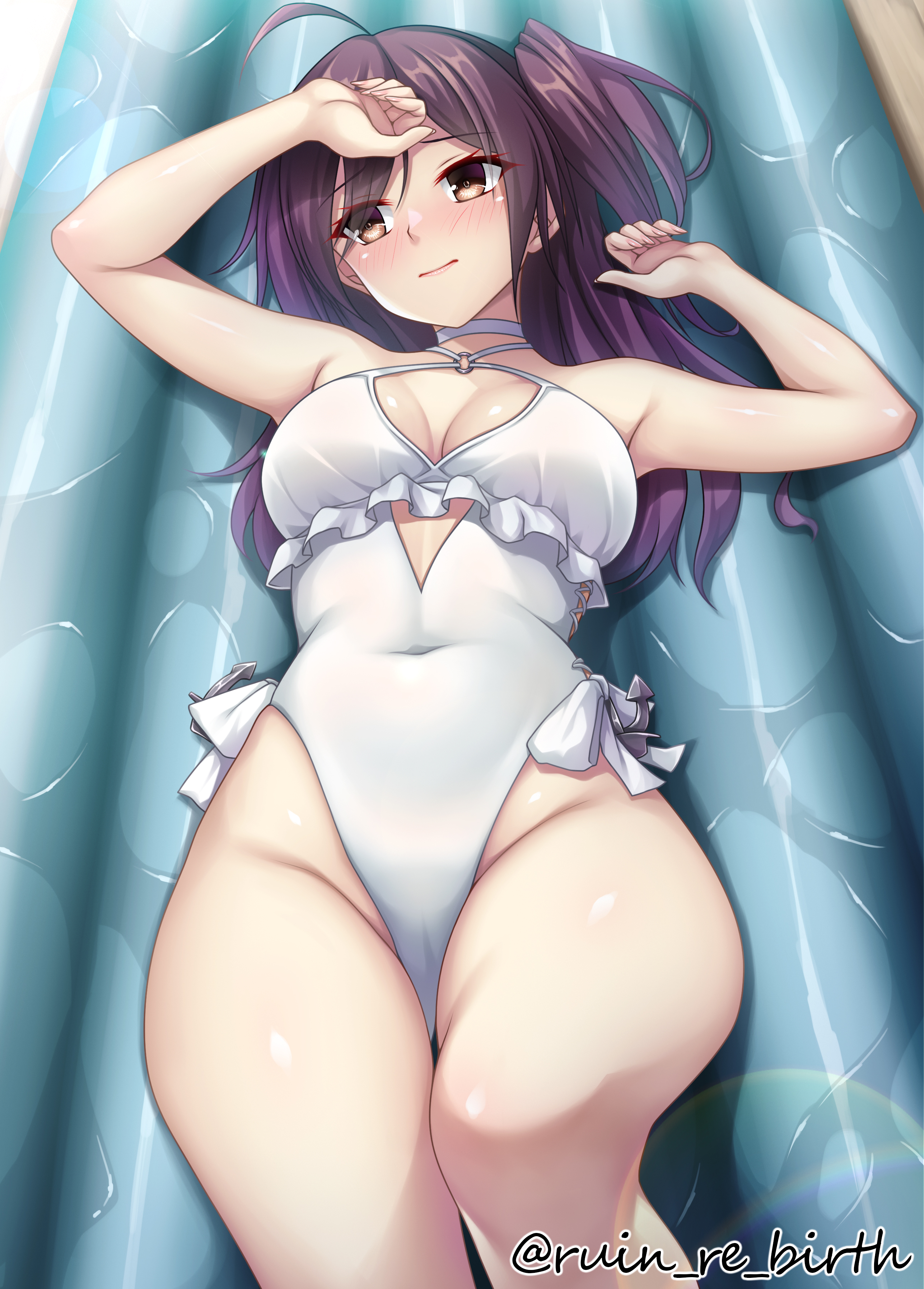 ruin re birth, hagikaze (kancolle), sagiri (kancolle), sagiri (swimsuit) (kancolle), kantai collection, absurdres, commission, highres, pixiv commission, 1girl, ahoge, anchor ornament, breasts, brown eyes, casual one-piece swimsuit, choker, cosplay, covered navel, cross-laced clothes, cross-laced one-piece swimsuit, frilled one-piece swimsuit, frills, highleg, highleg one-piece swimsuit, large breasts, long hair, lying, on back, one-piece swimsuit, one side up, purple hair, sagiri (kancolle) (cosplay), side-tie swimsuit, solo, swimsuit, white choker, white one-piece swimsuit