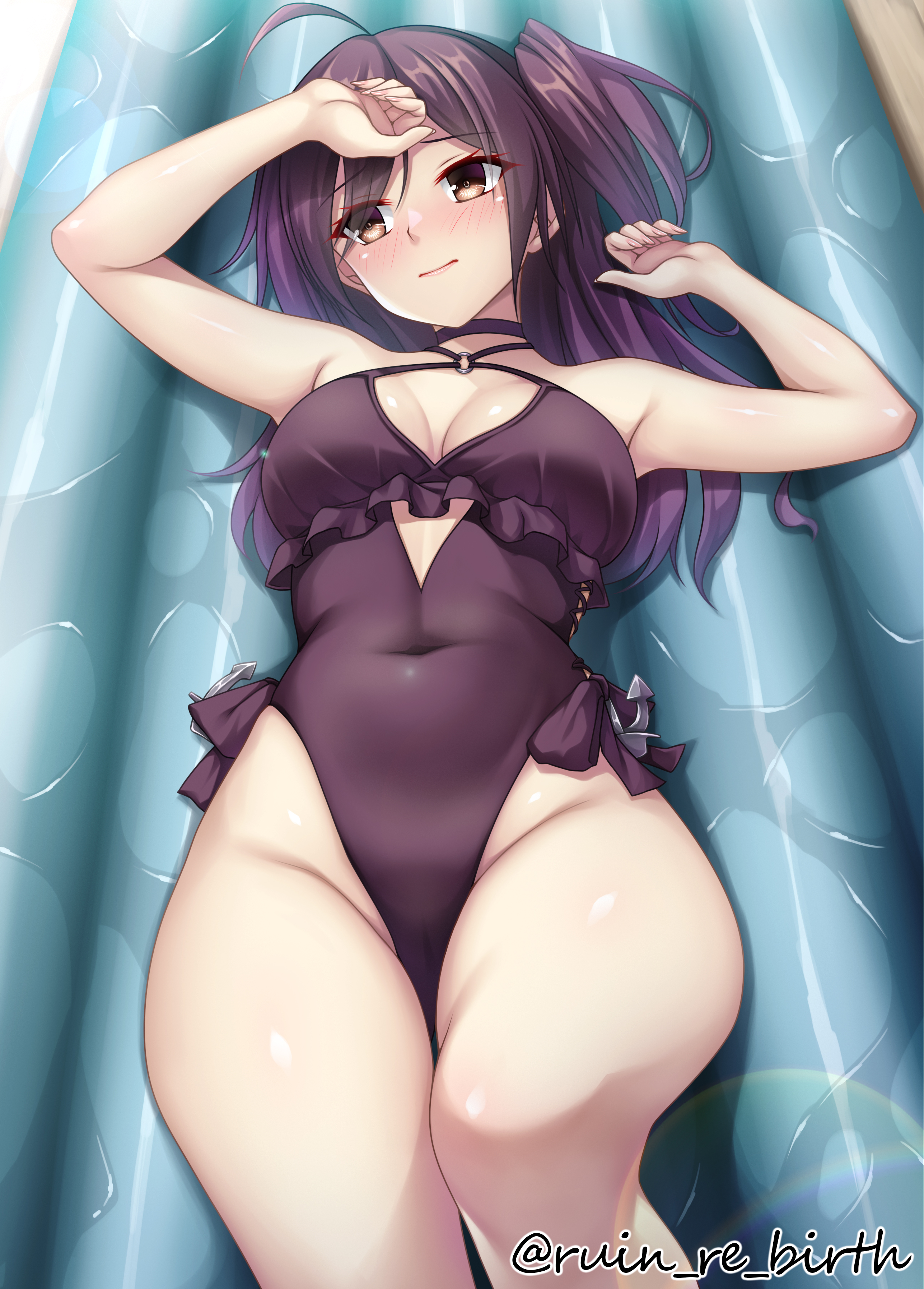 ruin re birth, hagikaze (kancolle), sagiri (kancolle), sagiri (swimsuit) (kancolle), kantai collection, absurdres, commission, highres, pixiv commission, 1girl, ahoge, anchor ornament, black one-piece swimsuit, breasts, brown eyes, casual one-piece swimsuit, choker, cosplay, covered navel, cross-laced clothes, cross-laced one-piece swimsuit, frilled one-piece swimsuit, frills, highleg, highleg one-piece swimsuit, large breasts, long hair, lying, on back, one-piece swimsuit, one side up, purple choker, purple hair, sagiri (kancolle) (cosplay), side-tie swimsuit, solo, swimsuit