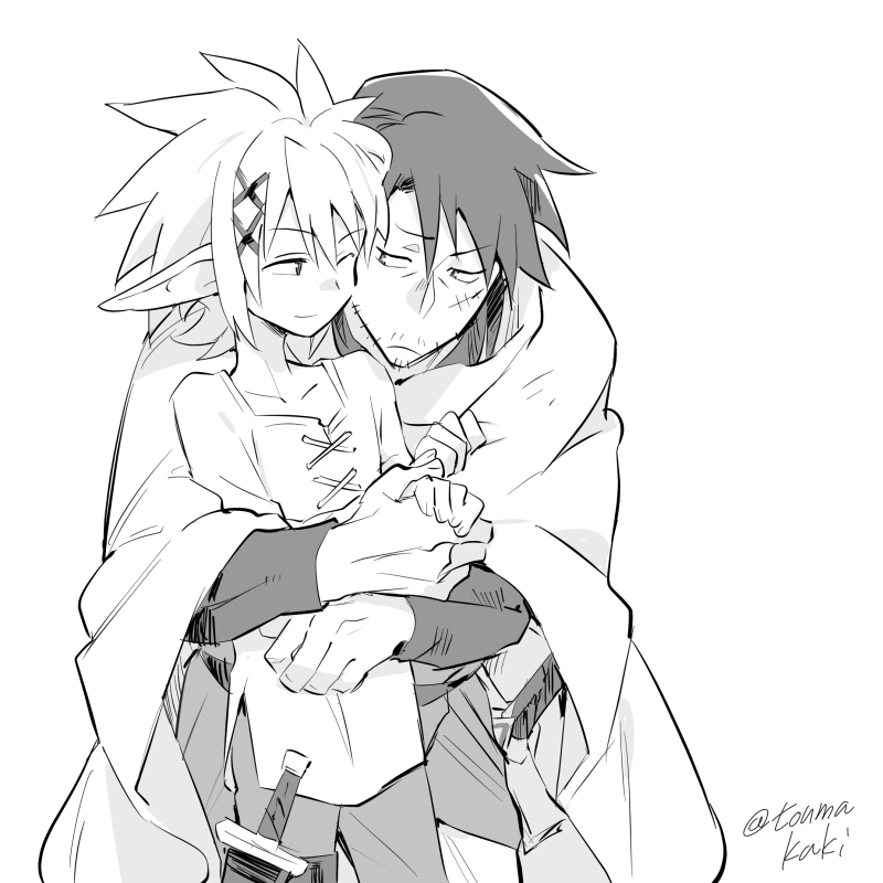 dasshu (dashi now), stunk, zel (ishuzoku reviewers), ishuzoku reviewers, 2boys, cheek-to-cheek, cloak, closed mouth, frown, greyscale, hair between eyes, hair ornament, hairclip, heads together, holding hands, hug, male focus, monochrome, multiple boys, one eye closed, pointy ears, shirt, short hair, simple background, sparse stubble, sword, weapon, white background, yaoi