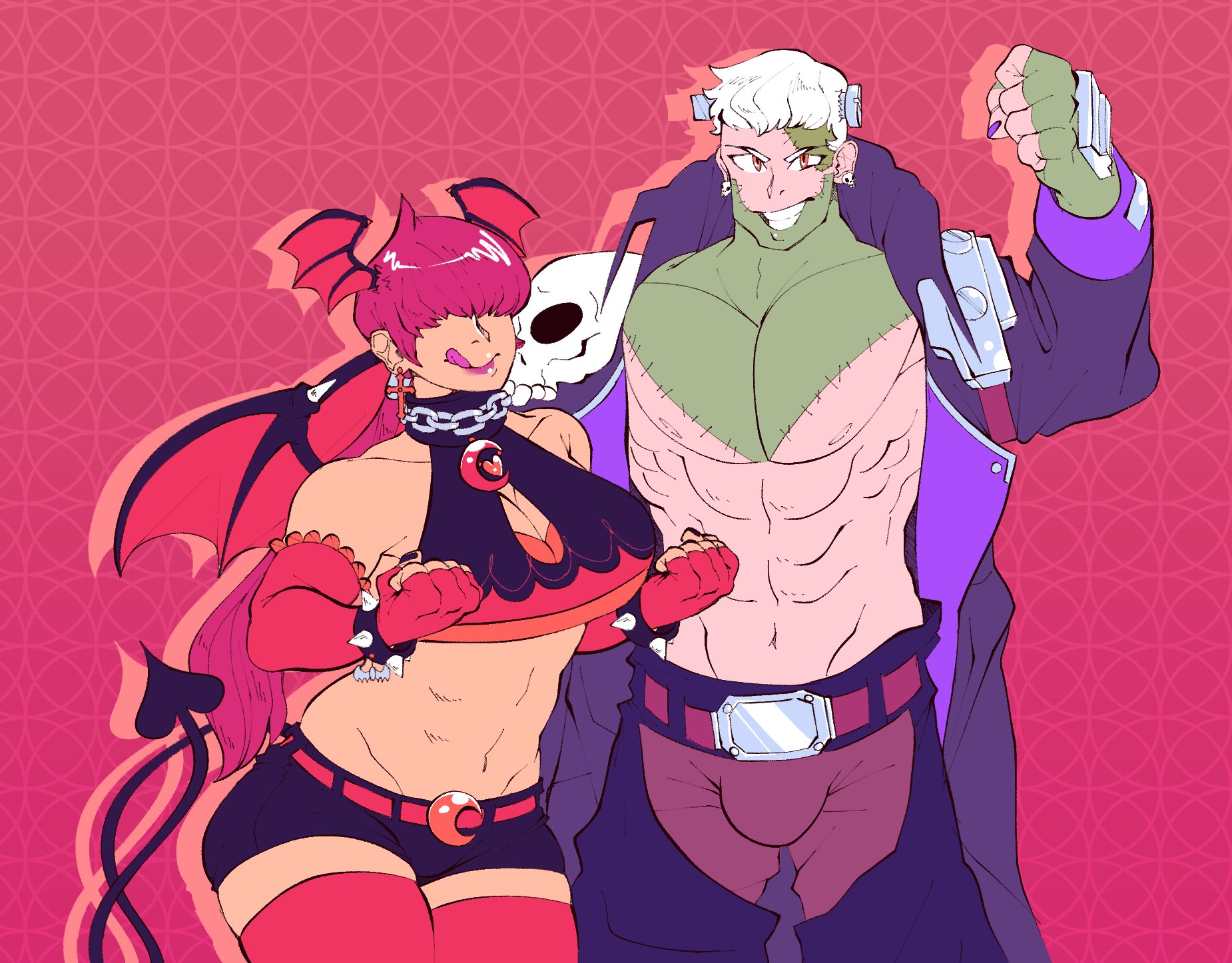 1shermieaday, nanakase yashiro, shermie (kof), the king of fighters, the king of fighters all-stars, 1girl, breasts, cleavage cutout, clothing cutout, costume, curvy, earrings, female focus, gloves, halloween, halloween costume, huge breasts, jewelry, large breasts, licking lips, long hair, makeup, pants, ponytail, red hair, short hair, standing, tail, thick thighs, thighs, tongue, tongue out, wide hips, wings, yashiro nanakase