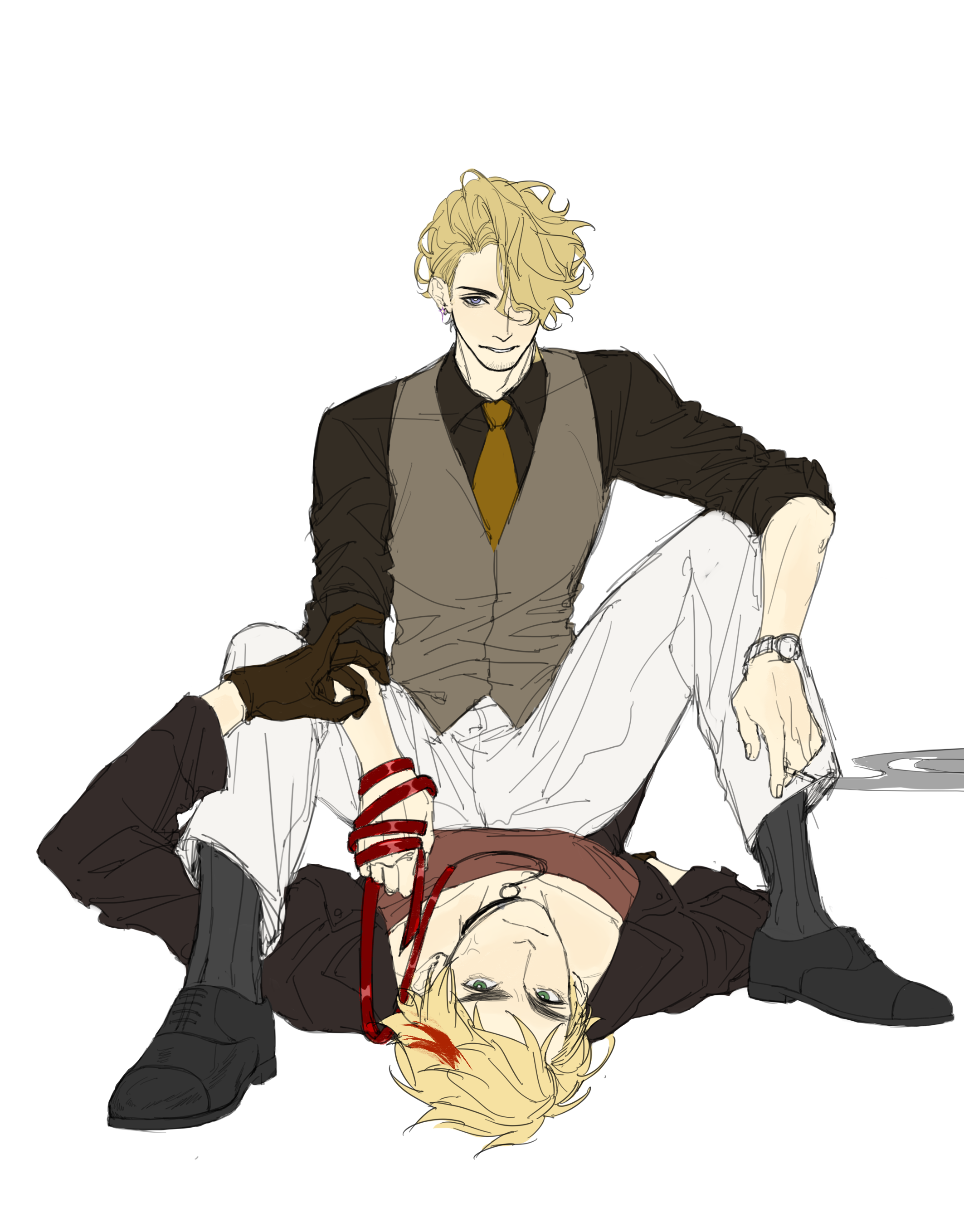 august2486, france (hetalia), united kingdom (hetalia), axis powers hetalia, absurdres, highres, 2boys, anger vein, blonde hair, blue eyes, collared shirt, earrings, facial hair, fighting, full body, gloves, goatee stubble, green eyes, hair over one eye, holding, holding leash, jacket, jewelry, leash, looking at viewer, lying, male focus, multiple boys, necktie, on back, pants, purple eyes, red hair, shirt, shoes, short hair, simple background, single hair streak, sitting, sitting on chest, sitting on person, straddling, stubble, thick eyebrows, upper body, vest, watch, white background, wristwatch, yaoi