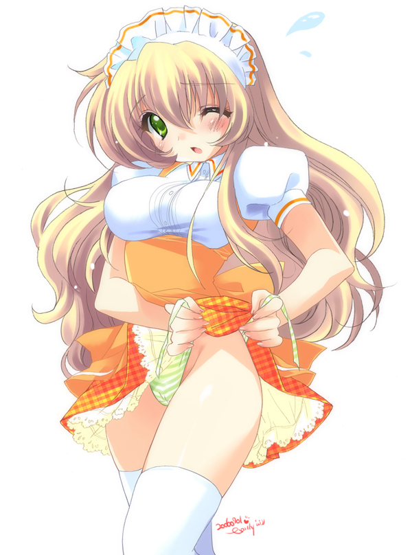 blush, clothes lift, long hair, maid, panties, skirt, skirt lift, thighhighs, underwear