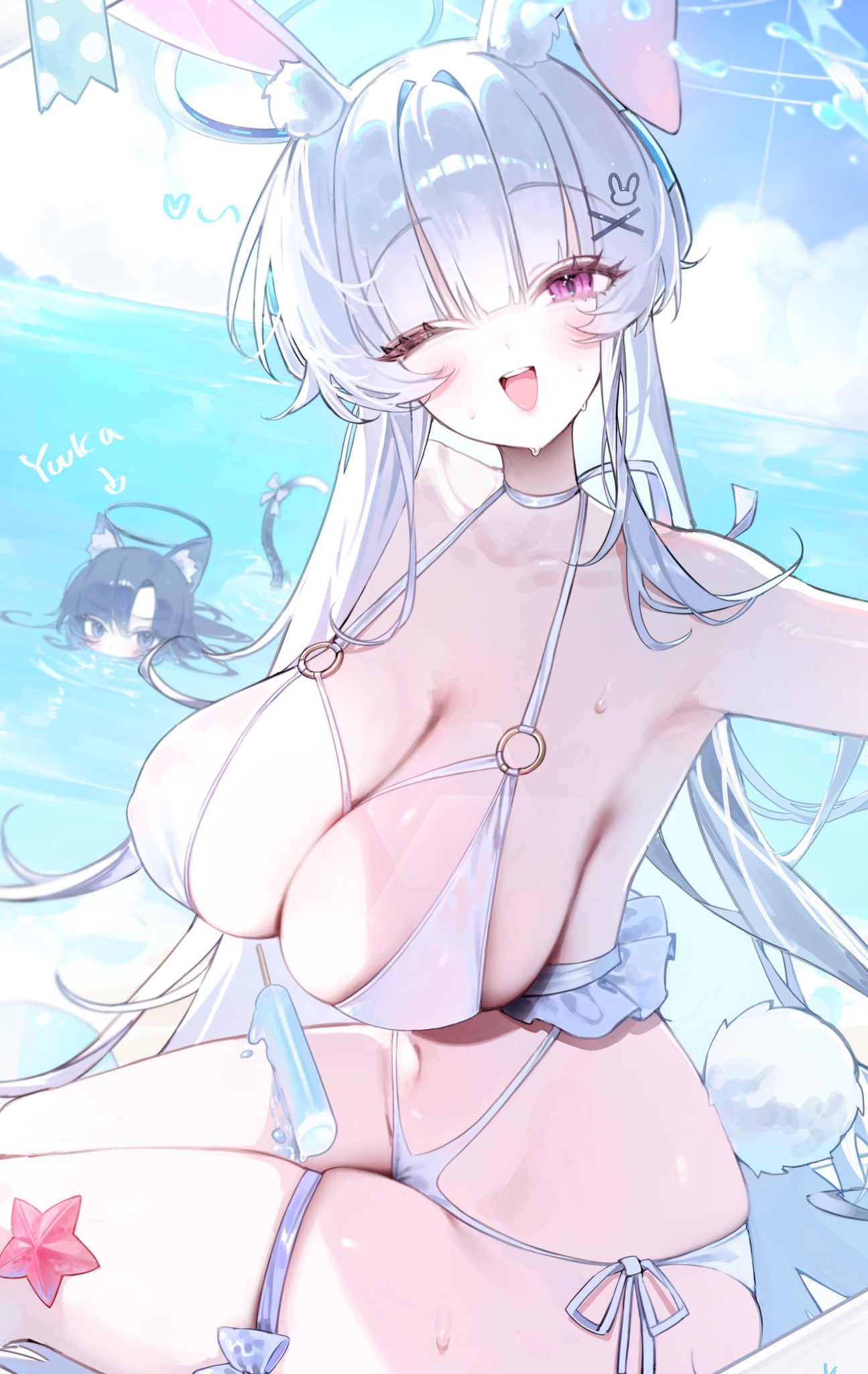 amu1207, noa (blue archive), yuuka (blue archive), blue archive, highres, 2girls, ;d, alternate costume, animal ears, bikini, blue sky, breasts, day, food, hair ornament, halo, huge breasts, kemonomimi mode, long hair, melting popsicle, multiple girls, one eye closed, open mouth, pink eyes, popsicle, rabbit ears, rabbit girl, rabbit hair ornament, rabbit tail, sky, smile, solo focus, starfish, swimsuit, tail, water, white bikini, white hair, white halo, x hair ornament
