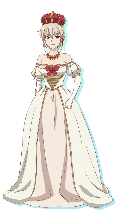 matsumoto mayuko, isekai yakkyoku, official art, 1girl, anime coloring, bare shoulders, bow, braid, breasts, brooch, clenched hand, closed mouth, collarbone, crossed bangs, crown, crown braid, dress, elbow gloves, elisabeth ii (isekai yakkyoku), full body, gloves, grey hair, hair between eyes, jewelry, large breasts, lips, long dress, looking at viewer, off-shoulder dress, off shoulder, puffy short sleeves, puffy sleeves, red bow, red eyes, short sleeves, sidelocks, simple background, smile, solo, standing, tachi-e, transparent background, white dress, white gloves
