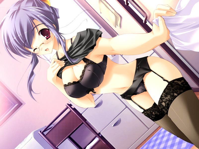 black legwear, black bra, black panties, blush, bra, clothes lift, dressing, garter belt, glasses, lingerie, midriff, one eye closed, panties, purple hair, red eyes, shirt lift, short hair, smile, thighhighs, underwear, wink
