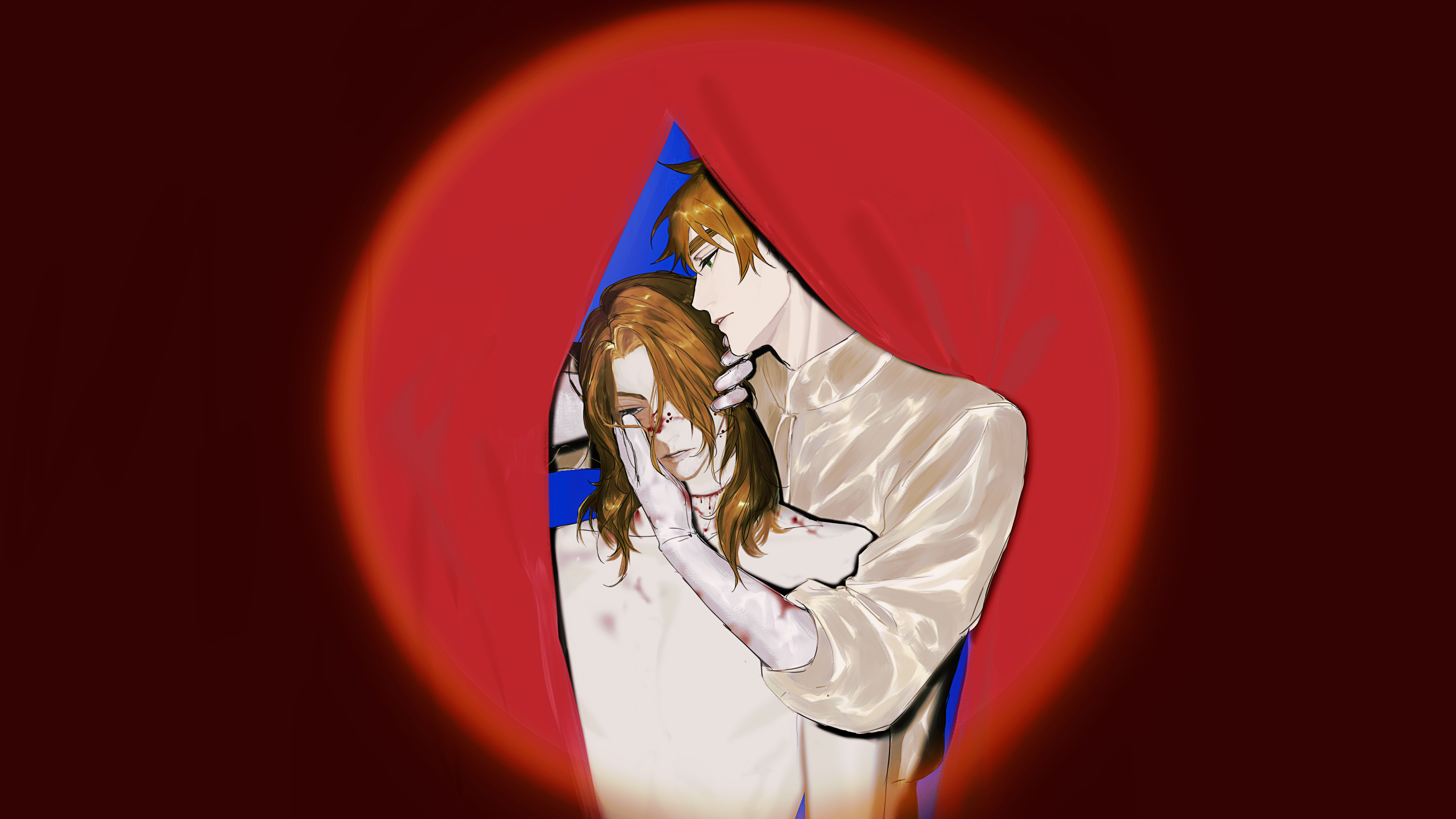 august2486, france (hetalia), united kingdom (hetalia), axis powers hetalia, absurdres, highres, 2boys, blonde hair, blood, blood on face, blood on hands, blue eyes, curtains, gloves, green eyes, hair over one eye, hands on another's face, male focus, medium hair, multiple boys, parted lips, scar, scar on neck, shirt, short hair, spotlight, thick eyebrows, topless male, upper body, white shirt, yaoi