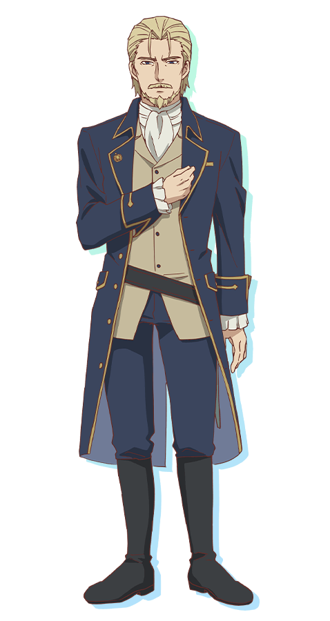 matsumoto mayuko, isekai yakkyoku, official art, 1boy, anime coloring, ascot, beard, belt, black belt, black boots, blue coat, blue eyes, blue pants, boots, brown hair, brown jacket, bruno de medicis, closed mouth, coat, facial hair, full body, hair slicked back, hand on own chest, hand up, jacket, long sleeves, looking at viewer, mature male, mustache, pants, shirt, simple background, solo, standing, tachi-e, transparent background, white ascot, white shirt