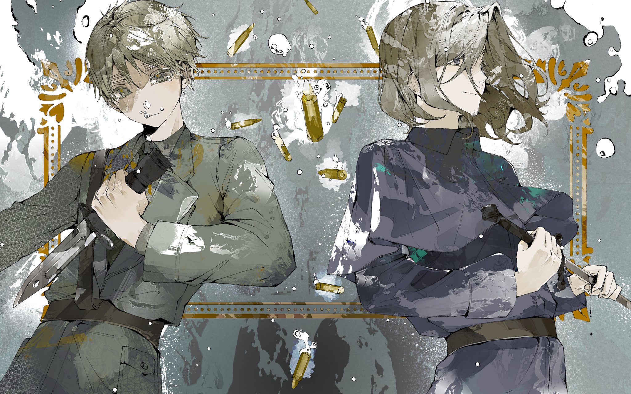super haitatsu, france (hetalia), united kingdom (hetalia), axis powers hetalia, highres, 2boys, air bubble, blonde hair, blue eyes, bubble, bullet, capelet, facial hair, goatee stubble, green eyes, holding, holding knife, holding sword, holding weapon, jacket, knife, long sleeves, male focus, medium hair, military jacket, military uniform, multiple boys, purple eyes, short hair, stubble, sword, thick eyebrows, underwater, upper body, weapon
