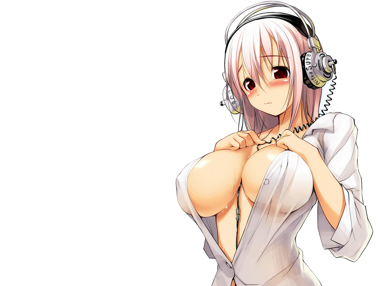 super sonico, nitroplus, highres, blush, breasts, headphones, large breasts, open clothes, open shirt, shirt, short hair