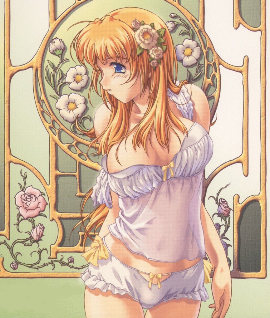 blush, breasts, long hair, midriff, panties, see-through clothes, underwear