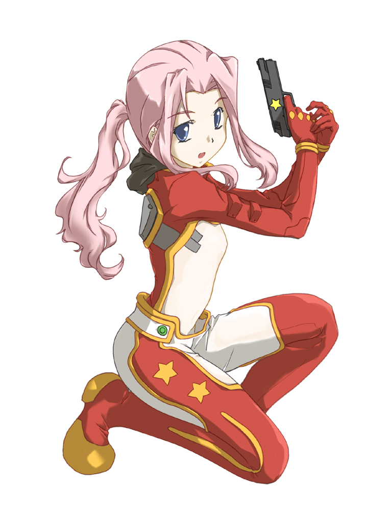 darry adai, tengen toppa gurren lagann, 00s, 1girl, blue eyes, bodysuit, female focus, finger on trigger, gun, handgun, kneeling, long hair, on one knee, open mouth, pink hair, pistol, ponytail, solo, weapon