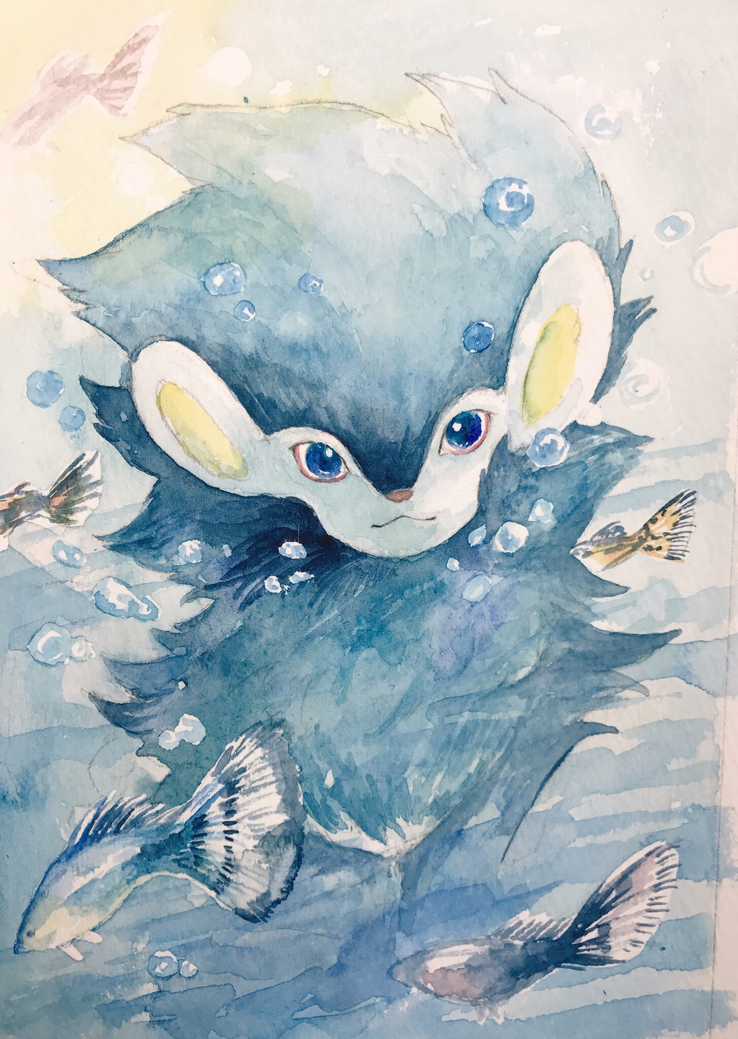 mint nappa, luxray, nintendo, pokemon, commentary request, fish request, highres, painting (medium), traditional media, watercolor (medium), air bubble, bubble, closed mouth, fish, gen 4 pokemon, looking at viewer, no humans, pokemon (creature), solo, underwater